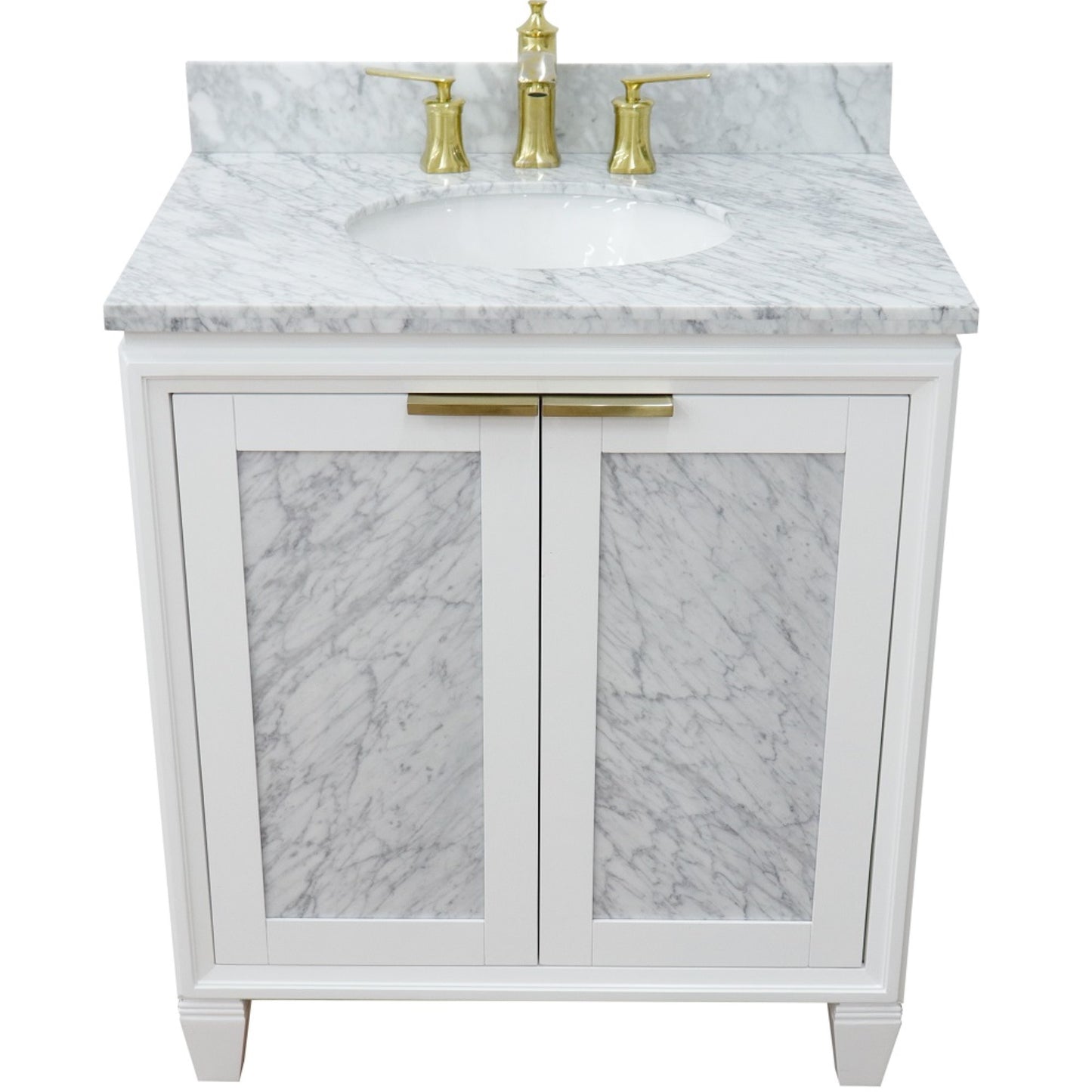 31" Single sink vanity in White finish with White Carrara marble with oval sink