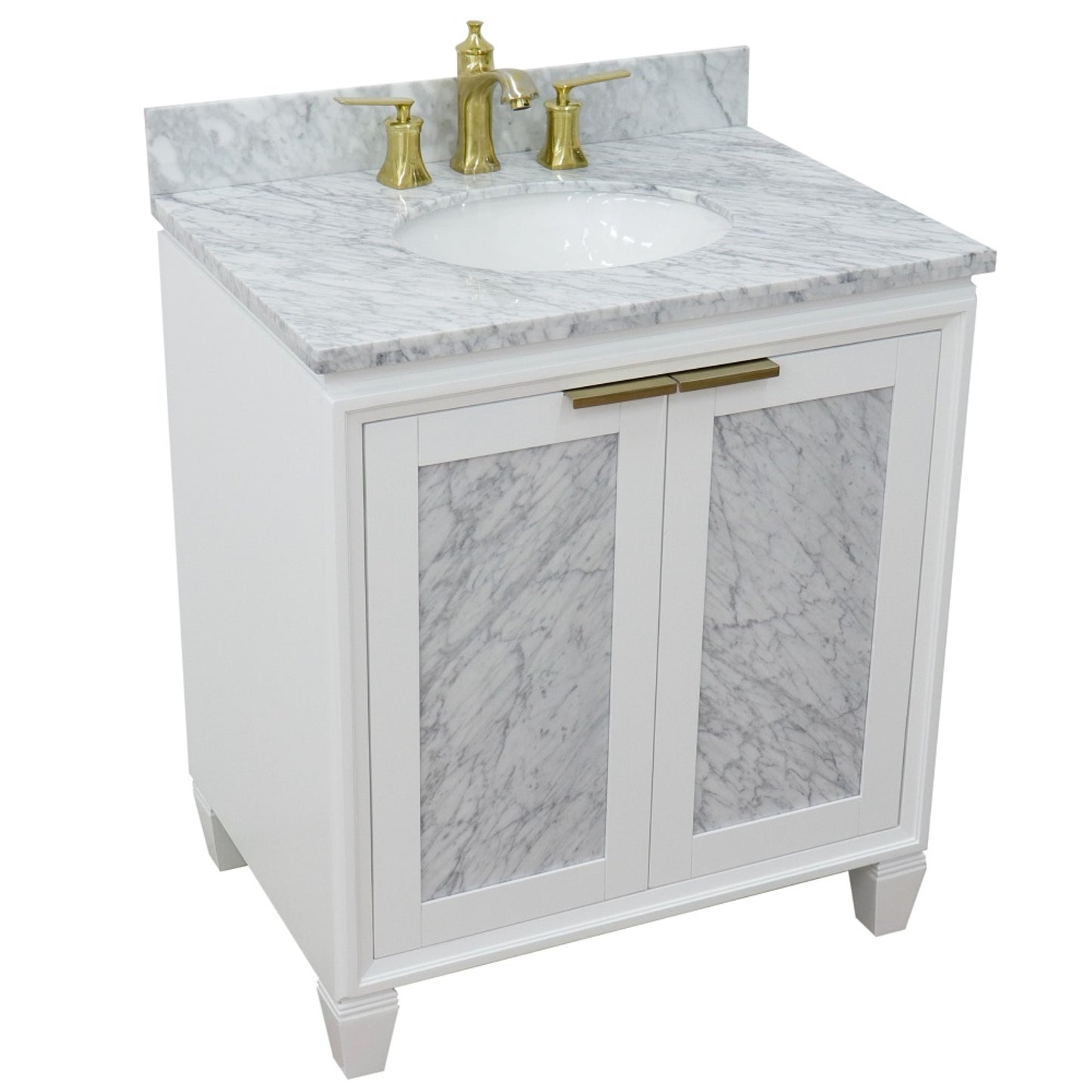 31" Single sink vanity in White finish with White Carrara marble with oval sink