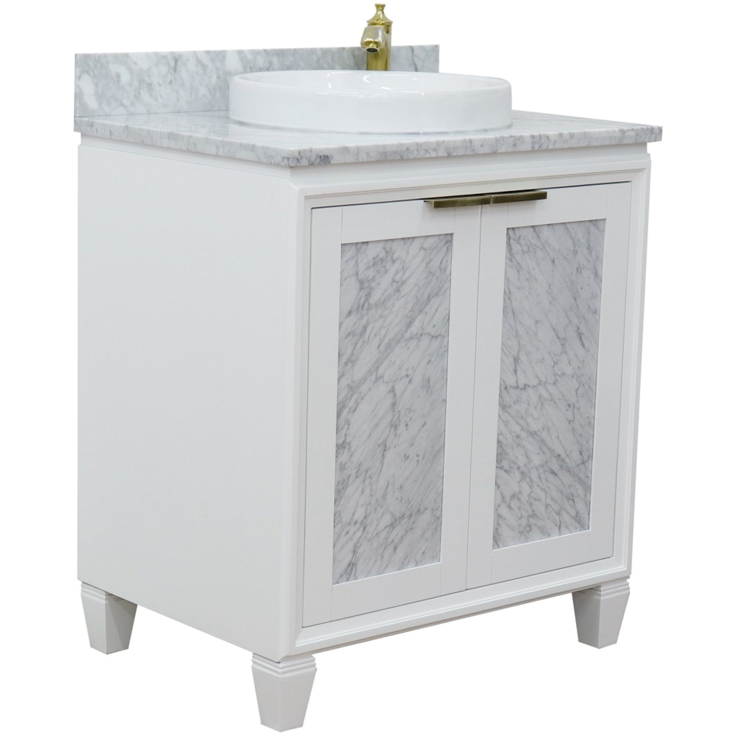 31" Single sink vanity in White finish with White Carrara marble with round sink