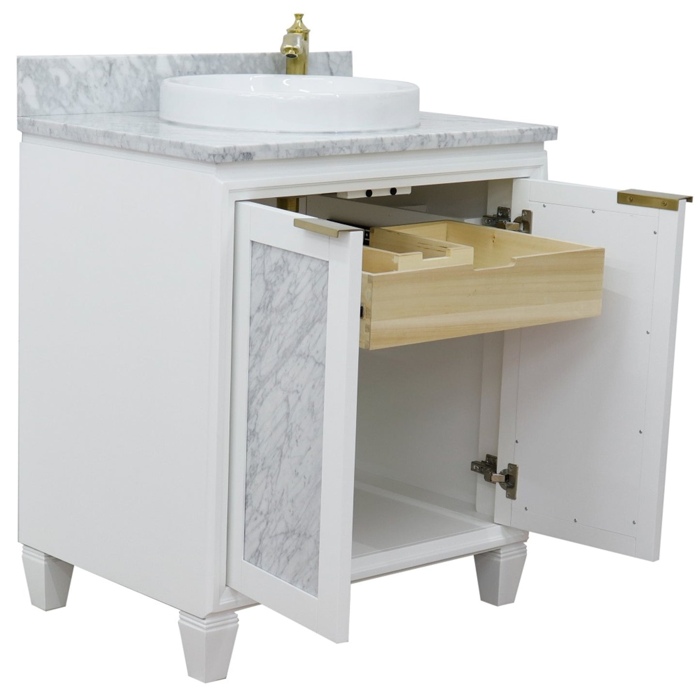 31" Single sink vanity in White finish with White Carrara marble with round sink