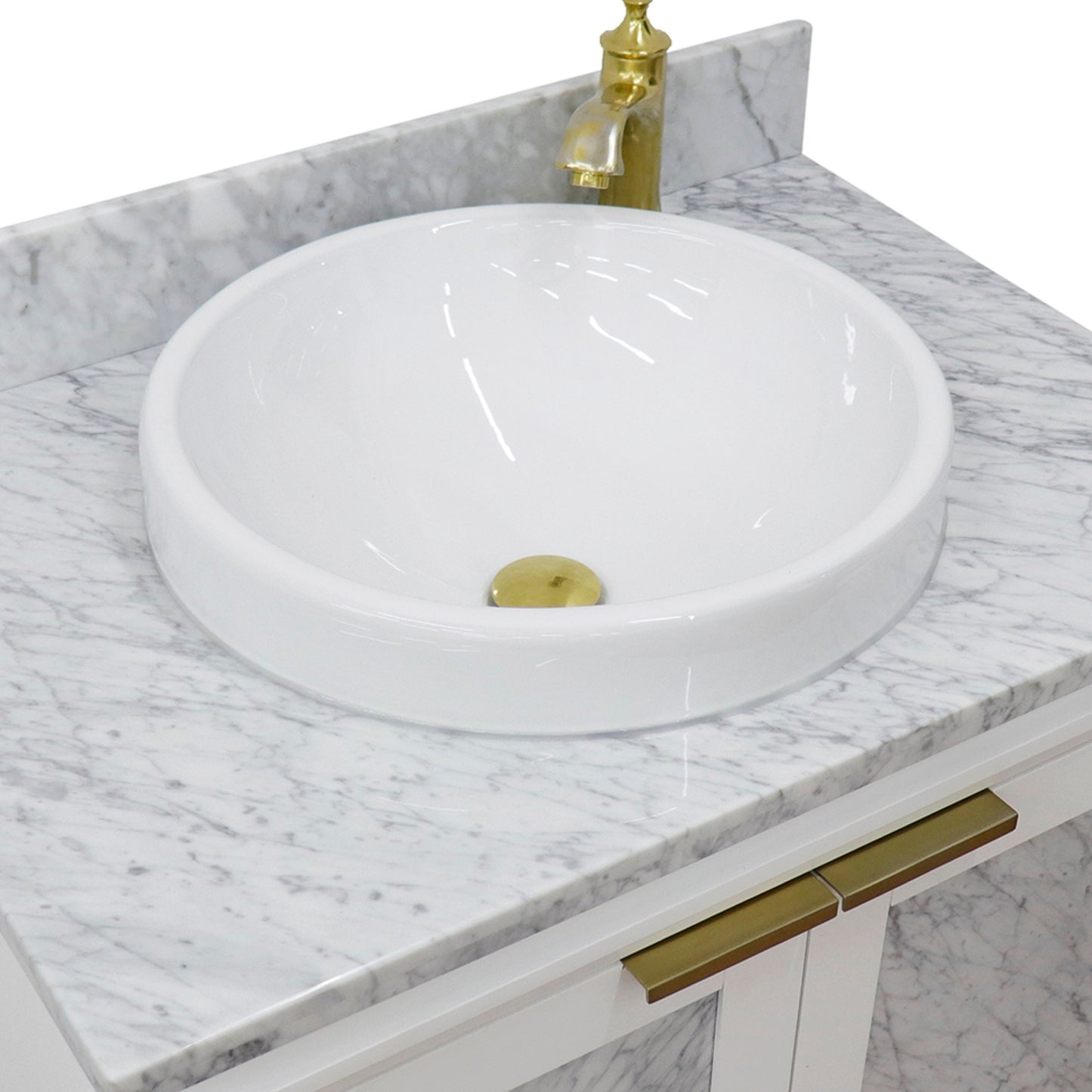 31" Single sink vanity in White finish with White Carrara marble with round sink