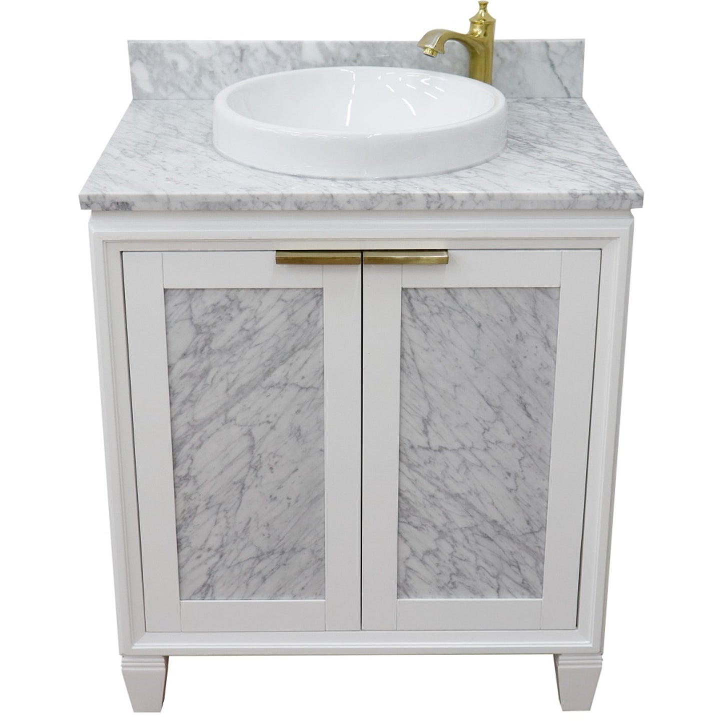 31" Single sink vanity in White finish with White Carrara marble with round sink