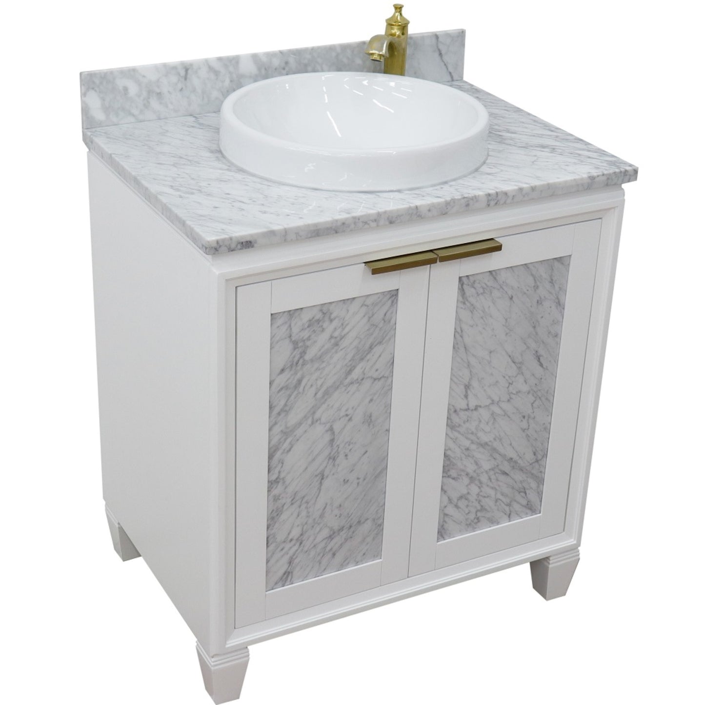 31" Single sink vanity in White finish with White Carrara marble with round sink