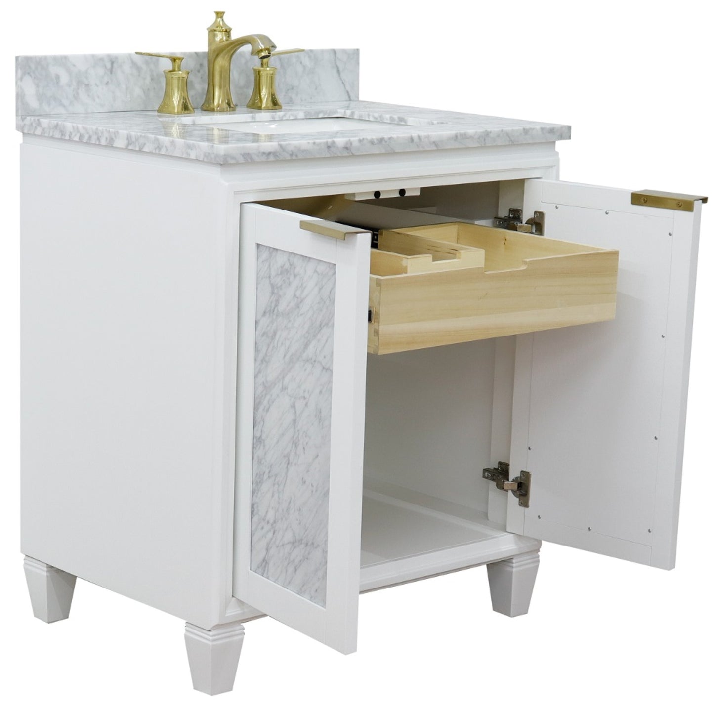 31" Single sink vanity in White finish with White Carrara marble with rectangle sink