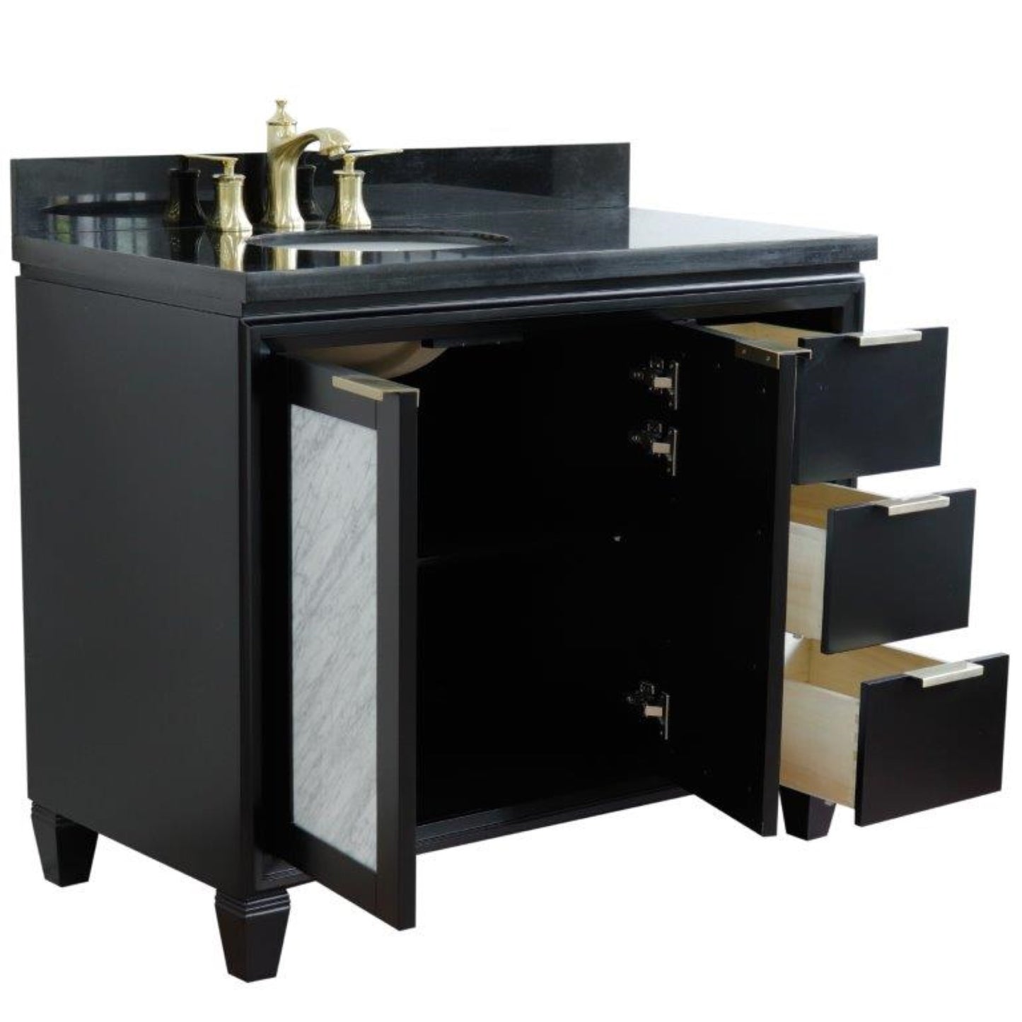 43" Single vanity in Black finish with Black galaxy and oval sink Left door/Left sink