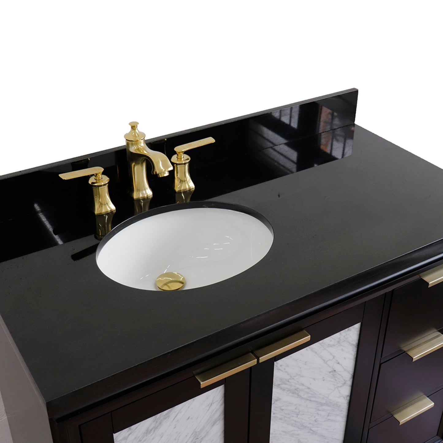 43" Single vanity in Black finish with Black galaxy and oval sink Left door/Left sink