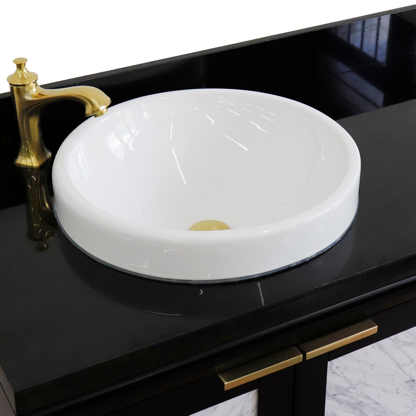 43" Single vanity in Black finish with Black galaxy and round sink Left door/Left sink