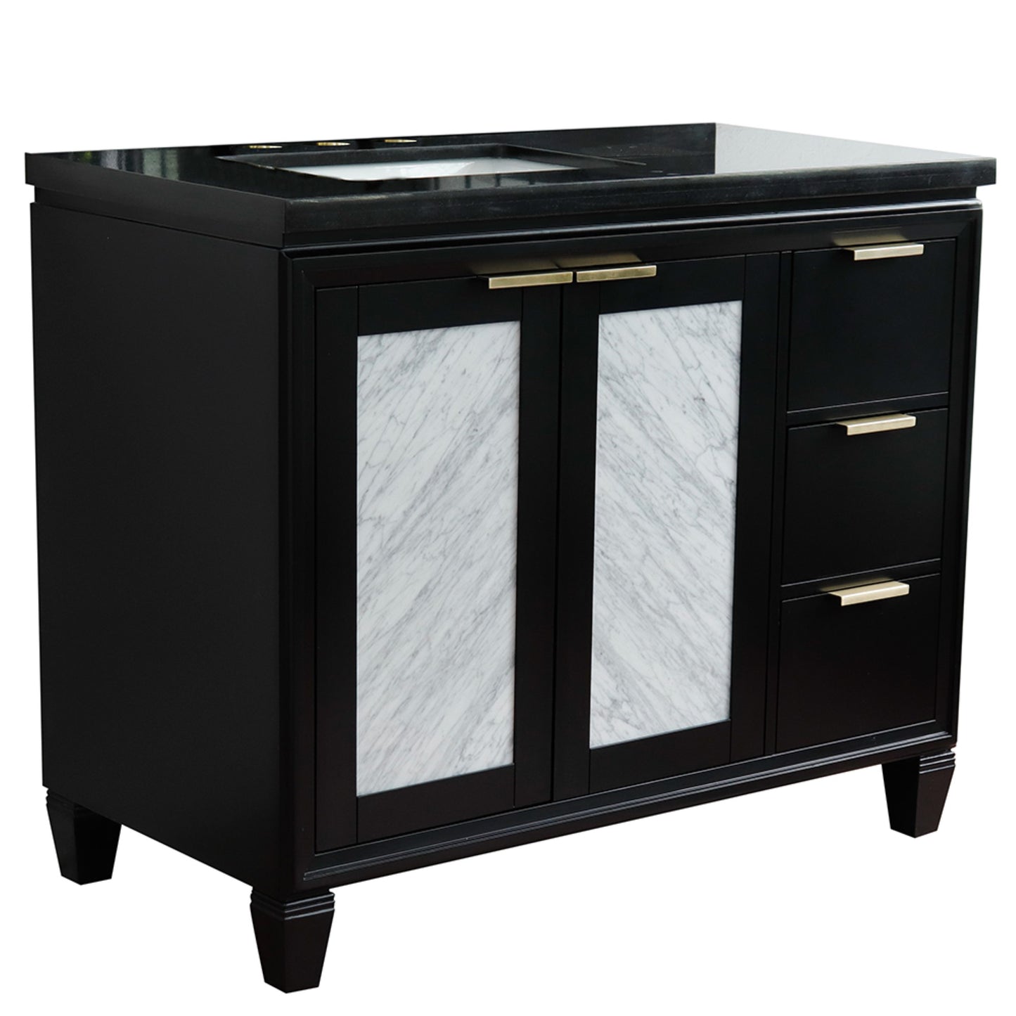 43" Single vanity in Black finish with Black galaxy and rectangle sink Left door/Left sink