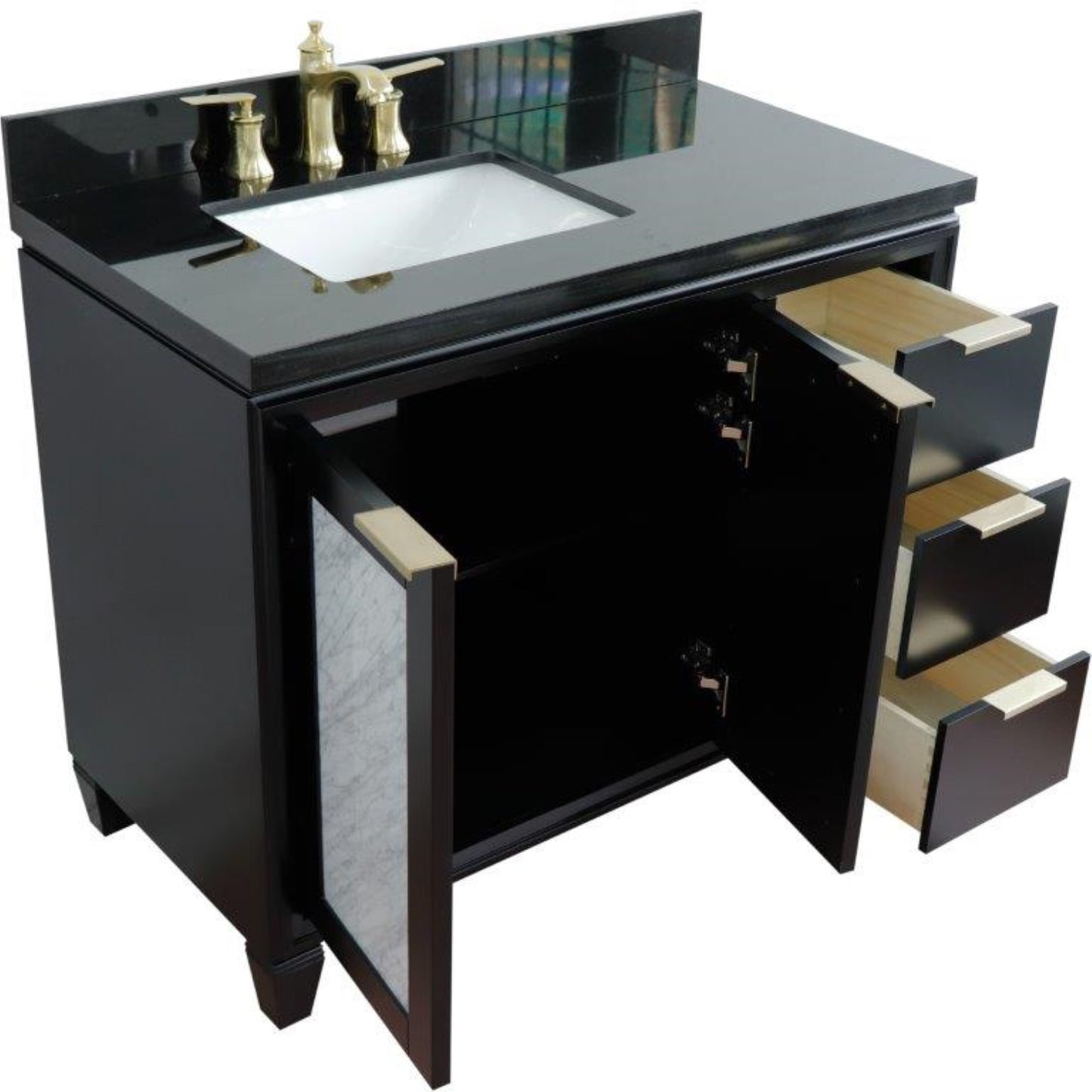 43" Single vanity in Black finish with Black galaxy and rectangle sink Left door/Left sink