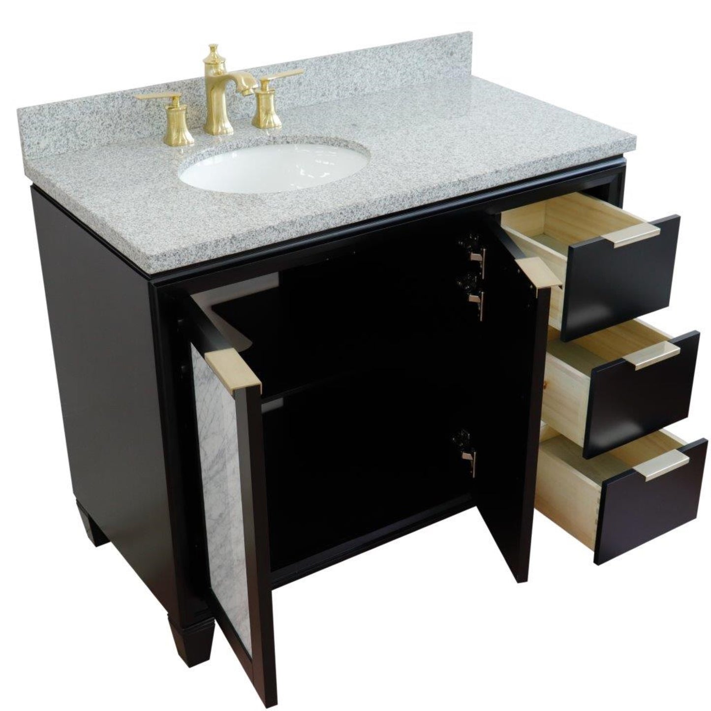 43" Single vanity in Black finish with Gray granite and oval sink Left door/Left sink