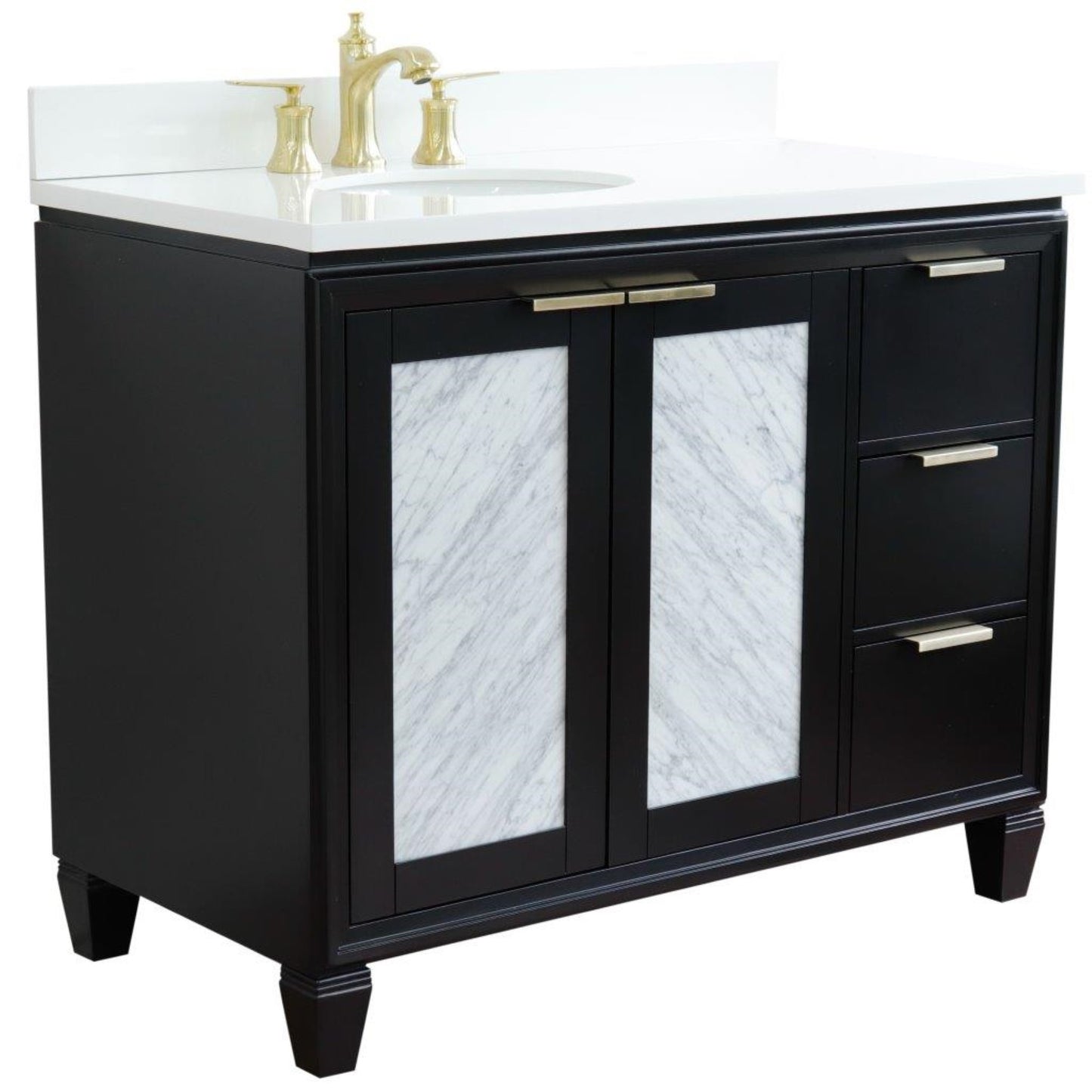 43" Single vanity in Black finish with White engineered stone and oval sink Left door/Left sink