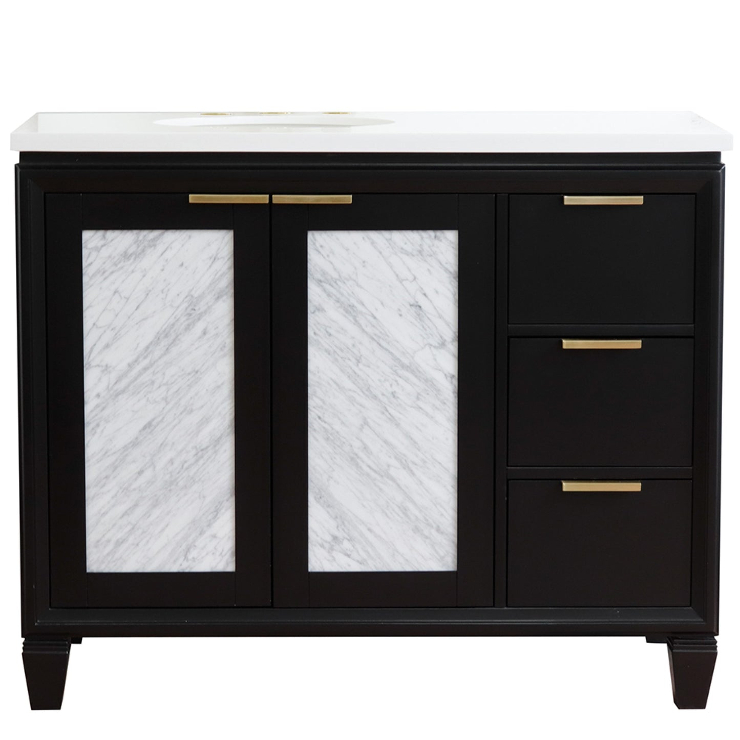 43" Single vanity in Black finish with White engineered stone and oval sink Left door/Left sink