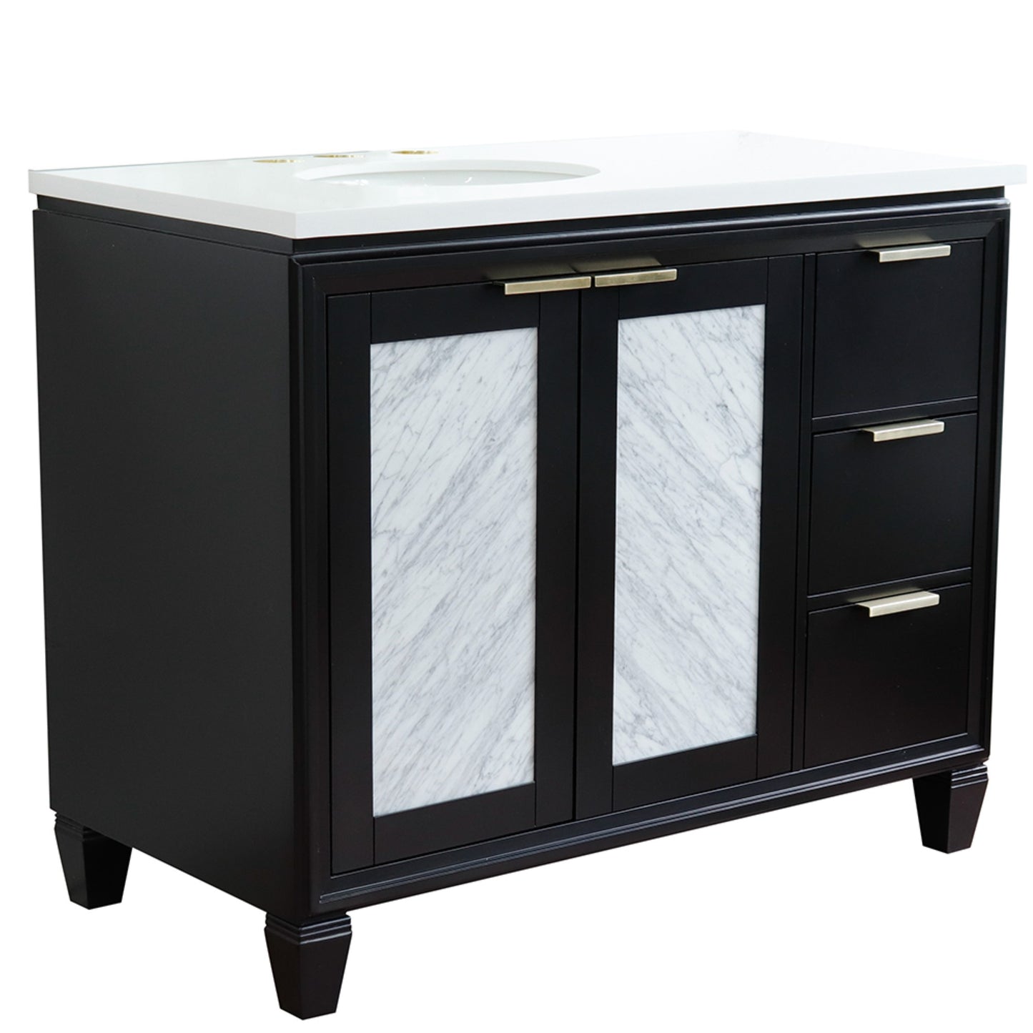 43" Single vanity in Black finish with White engineered stone and oval sink Left door/Left sink