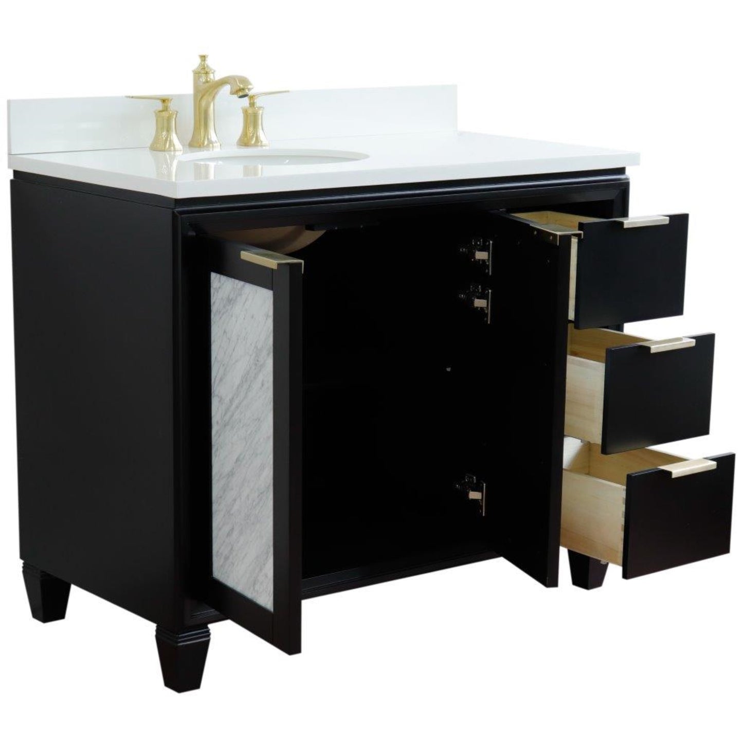 43" Single vanity in Black finish with White engineered stone and oval sink Left door/Left sink