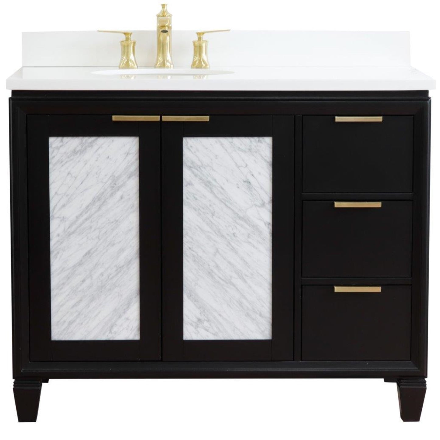 43" Single vanity in Black finish with White engineered stone and oval sink Left door/Left sink