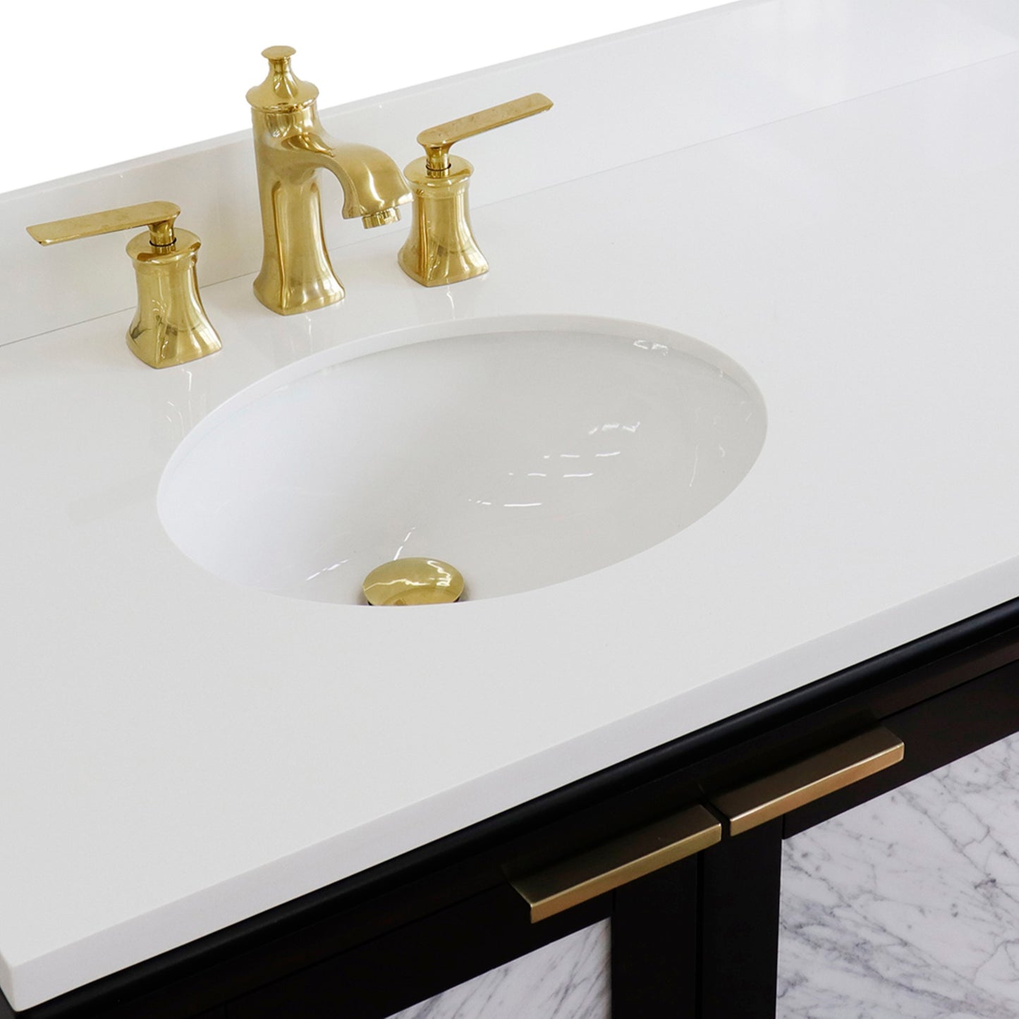 43" Single vanity in Black finish with White engineered stone and oval sink Left door/Left sink