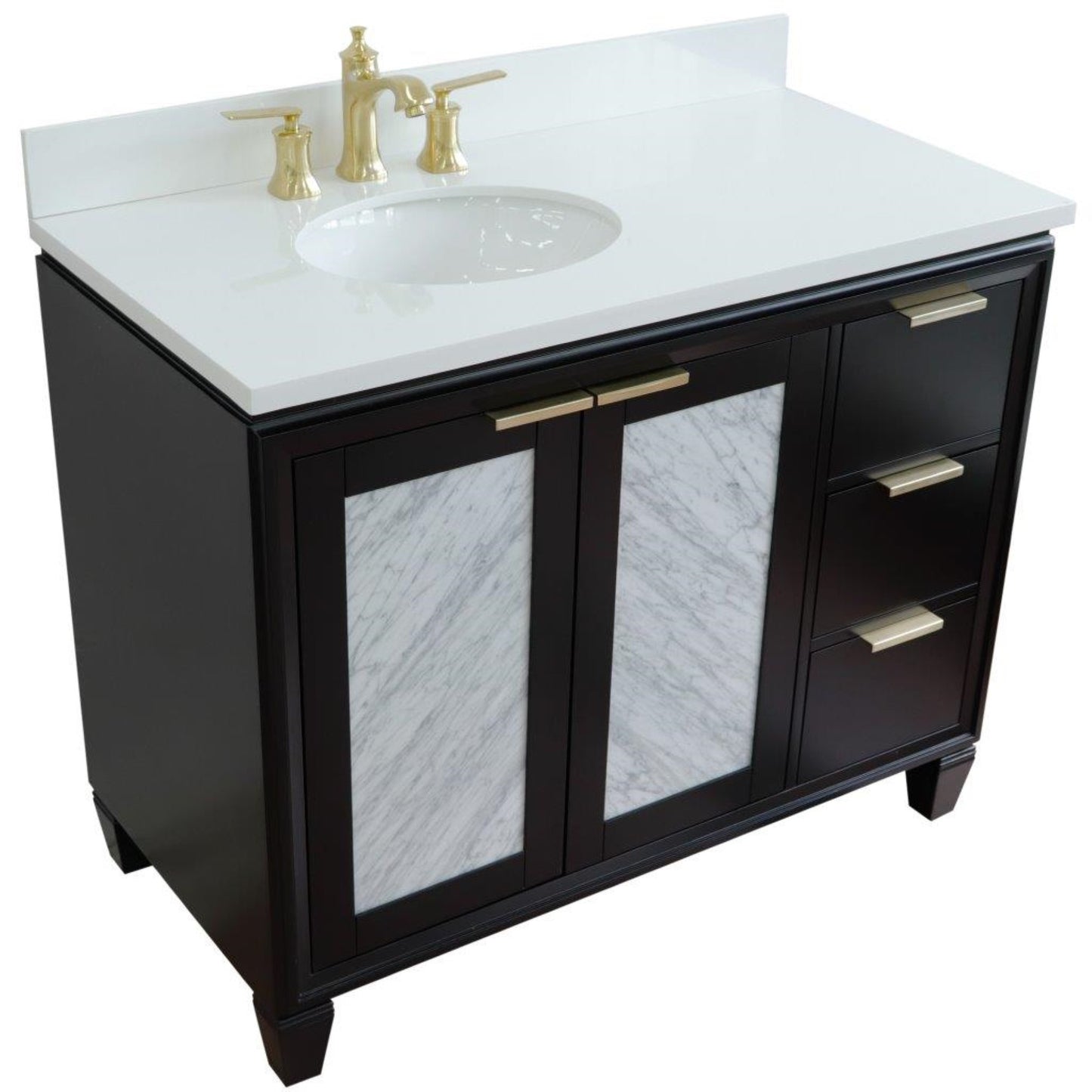 43" Single vanity in Black finish with White engineered stone and oval sink Left door/Left sink