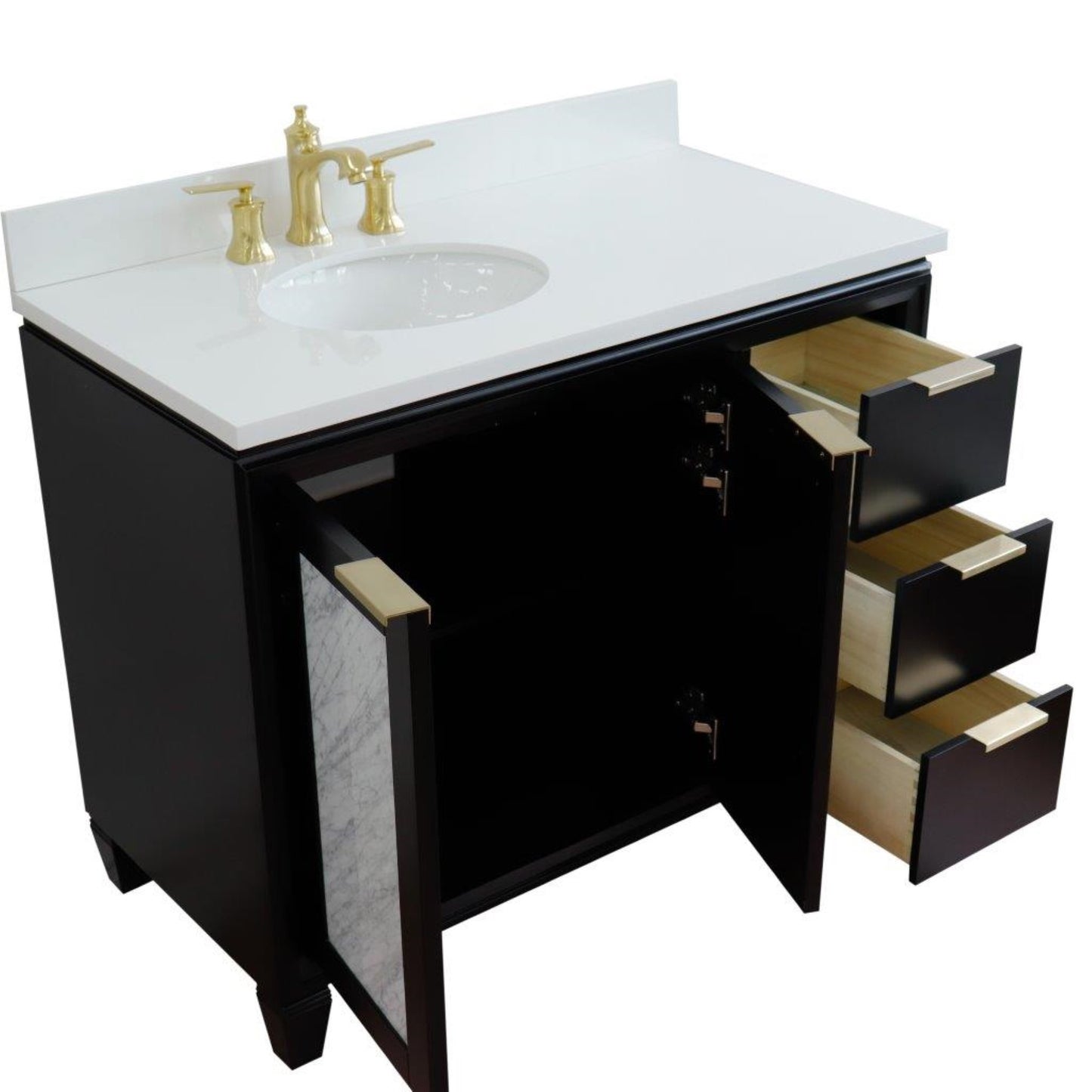 43" Single vanity in Black finish with White engineered stone and oval sink Left door/Left sink