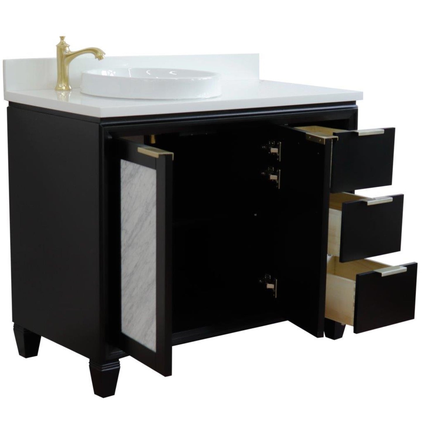 43" Single vanity in Black finish with White engineered stone and round sink Left door/Left sink