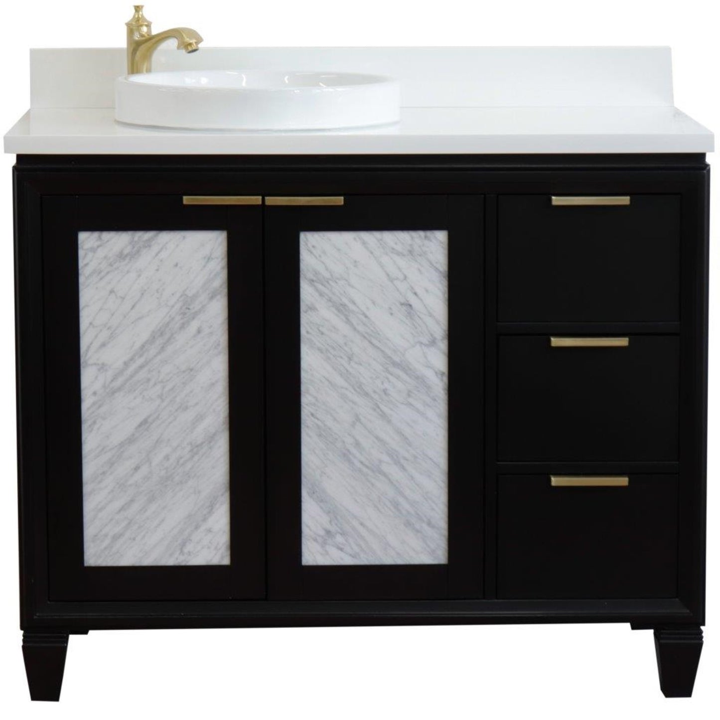 43" Single vanity in Black finish with White engineered stone and round sink Left door/Left sink
