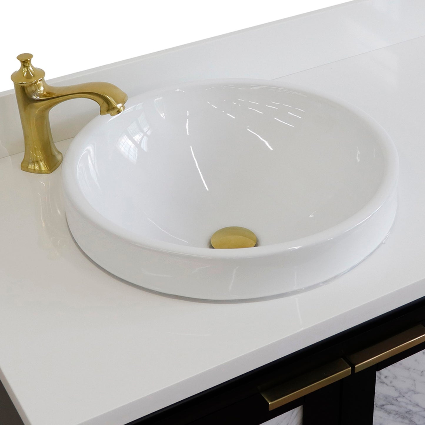 43" Single vanity in Black finish with White engineered stone and round sink Left door/Left sink