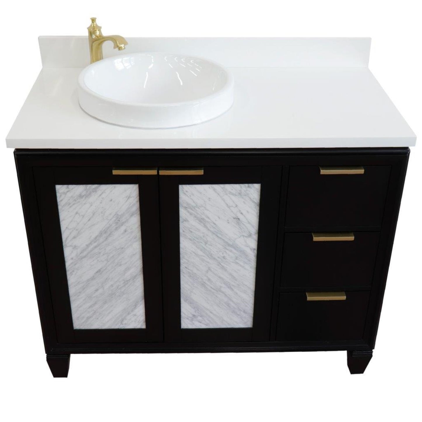43" Single vanity in Black finish with White engineered stone and round sink Left door/Left sink