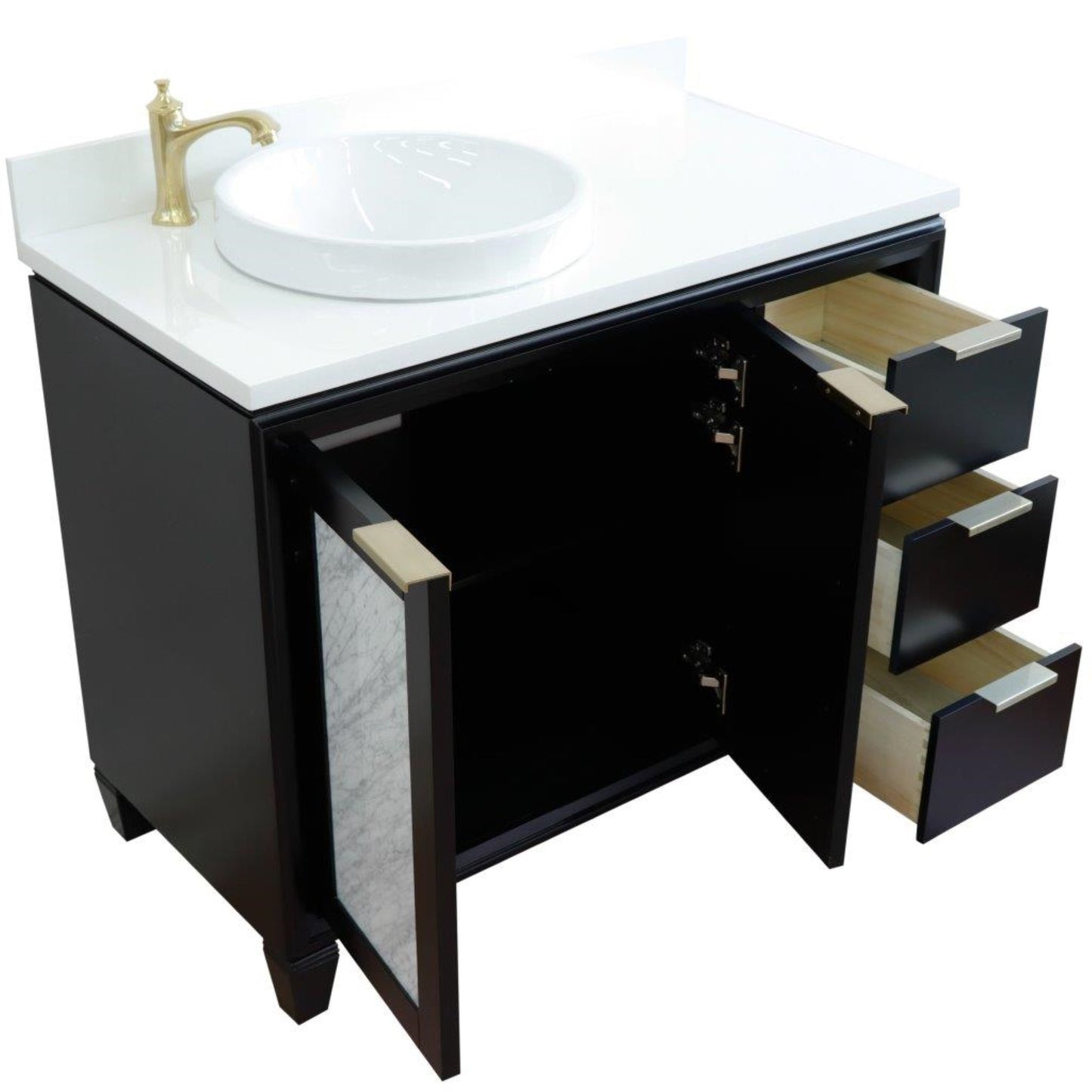 43" Single vanity in Black finish with White engineered stone and round sink Left door/Left sink