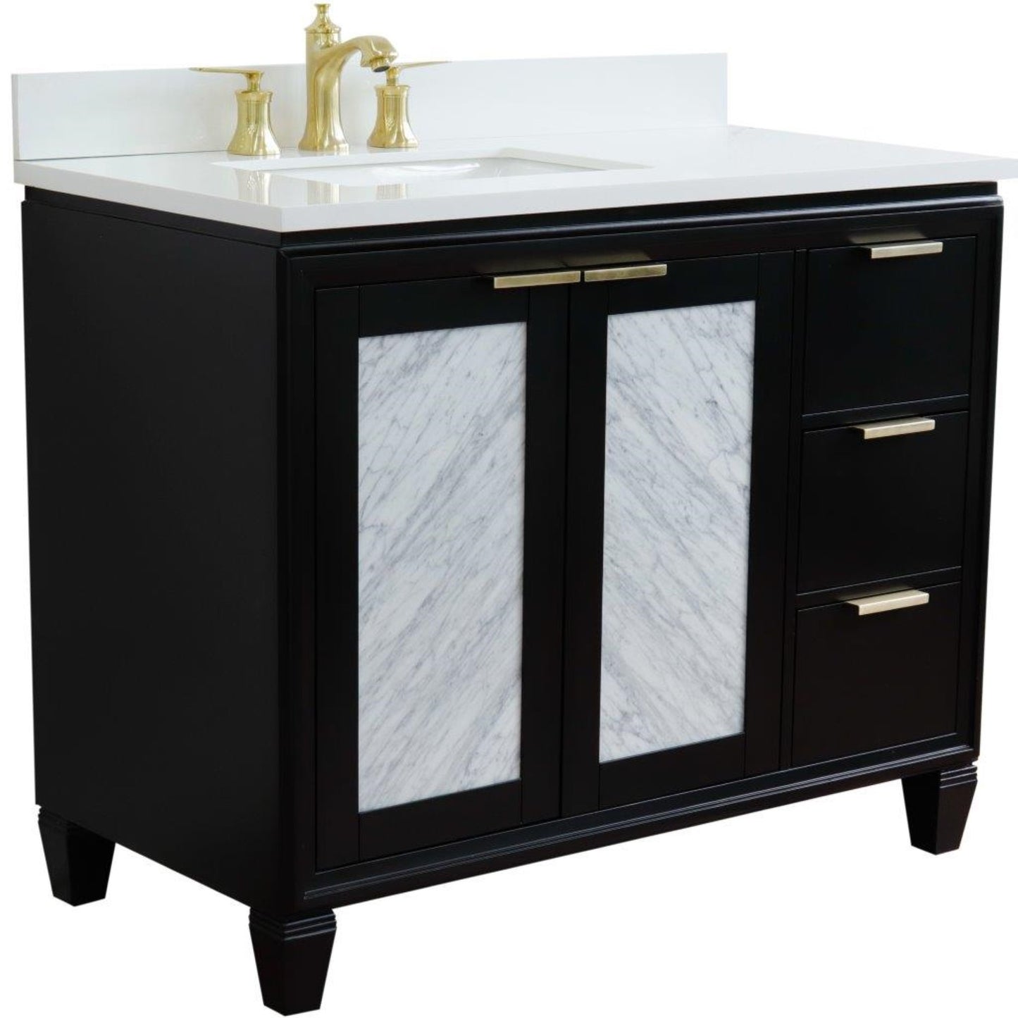 43" Single vanity in Black finish with White engineered stone and rectangle sink Left door/Left sink