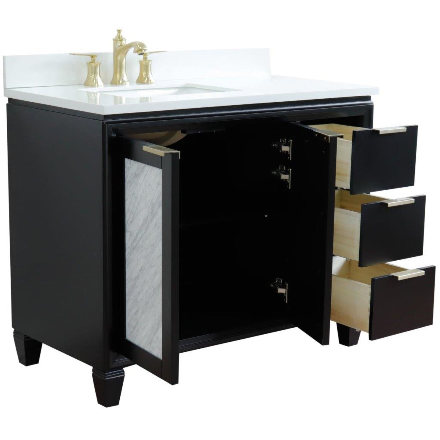 43" Single vanity in Black finish with White engineered stone and rectangle sink Left door/Left sink