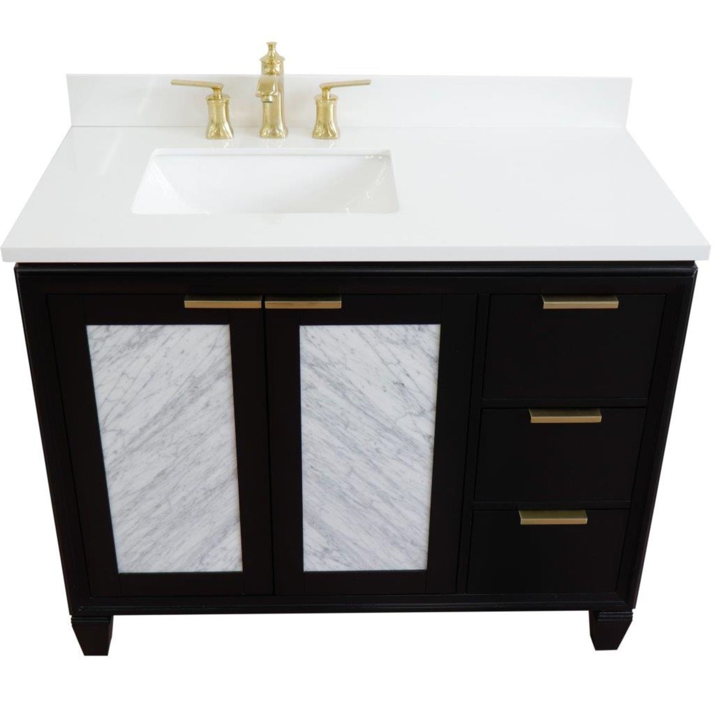 43" Single vanity in Black finish with White engineered stone and rectangle sink Left door/Left sink