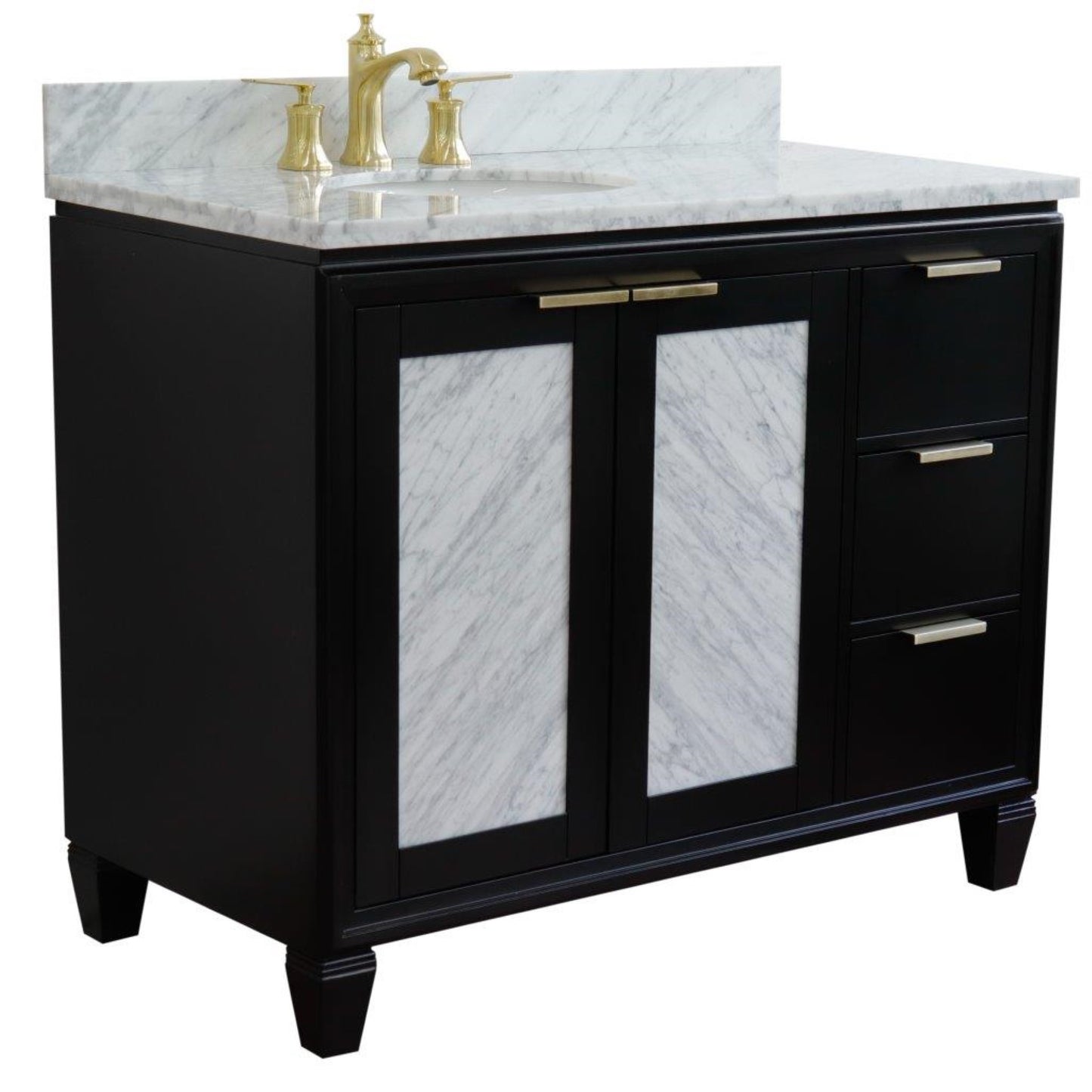 43" Single vanity in Black finish with White Carrara and oval sink Left door/Left sink