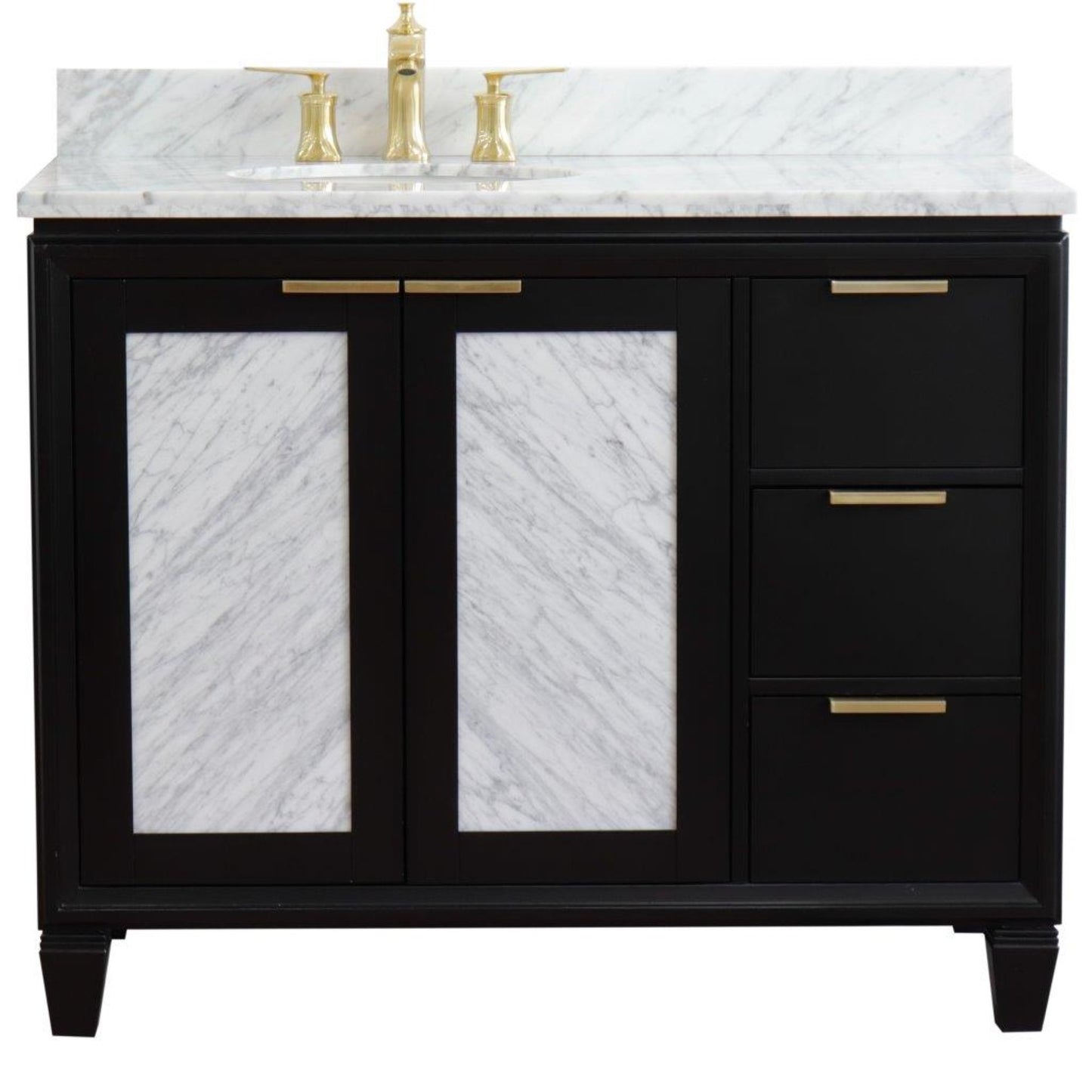 43" Single vanity in Black finish with White Carrara and oval sink Left door/Left sink