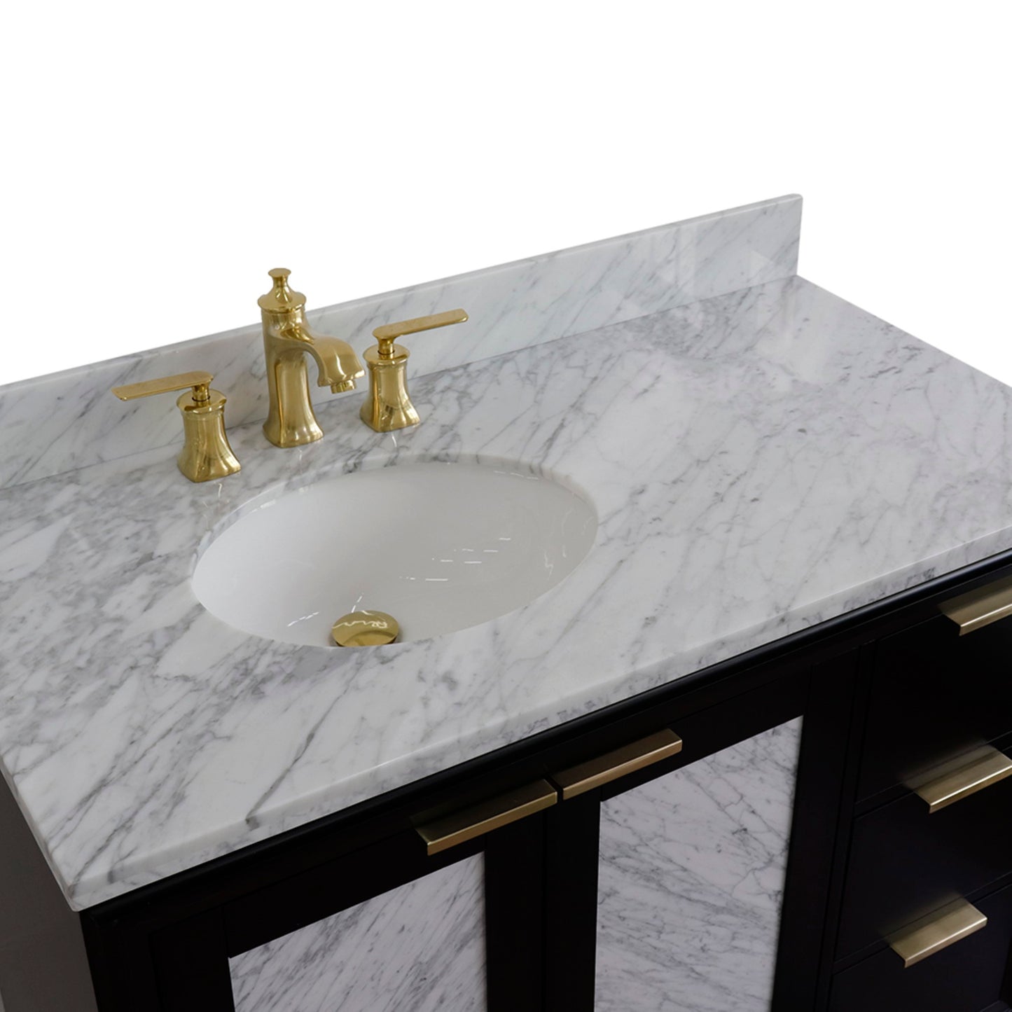 43" Single vanity in Black finish with White Carrara and oval sink Left door/Left sink