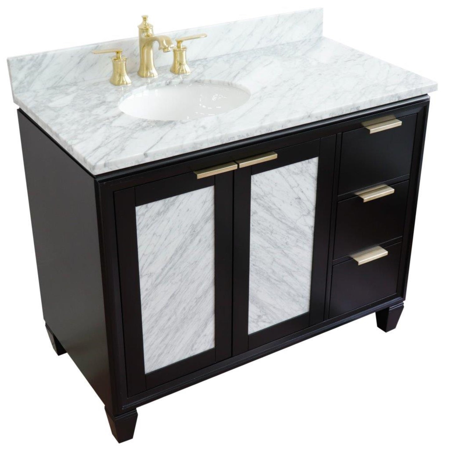 43" Single vanity in Black finish with White Carrara and oval sink Left door/Left sink