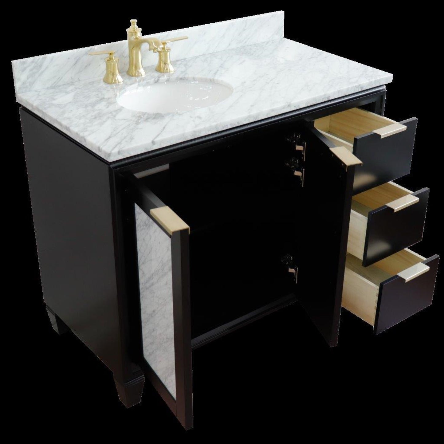 43" Single vanity in Black finish with White Carrara and oval sink Left door/Left sink