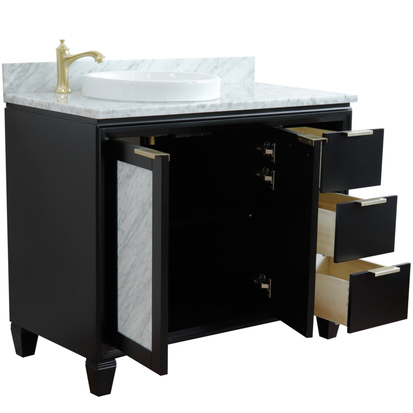 43" Single vanity in Black finish with White Carrara and round sink Left door/Left sink