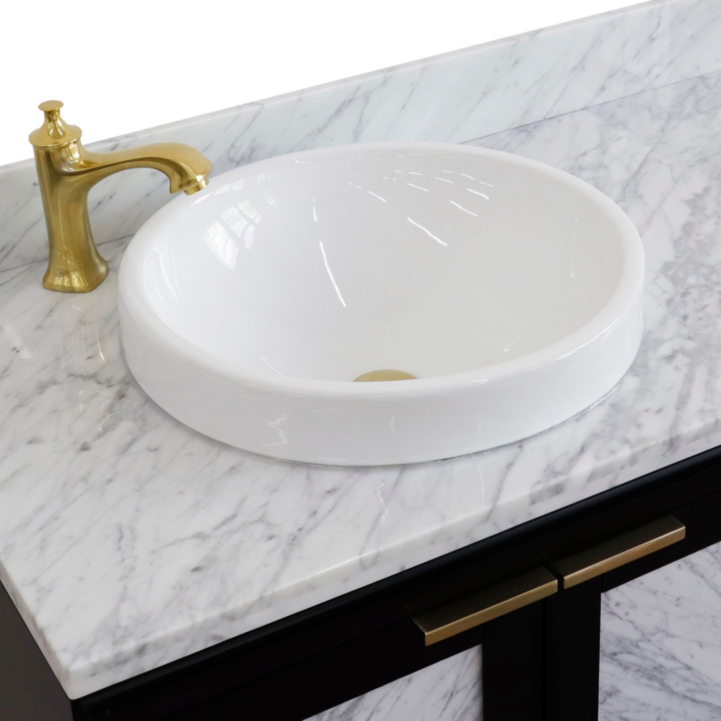 43" Single vanity in Black finish with White Carrara and round sink Left door/Left sink