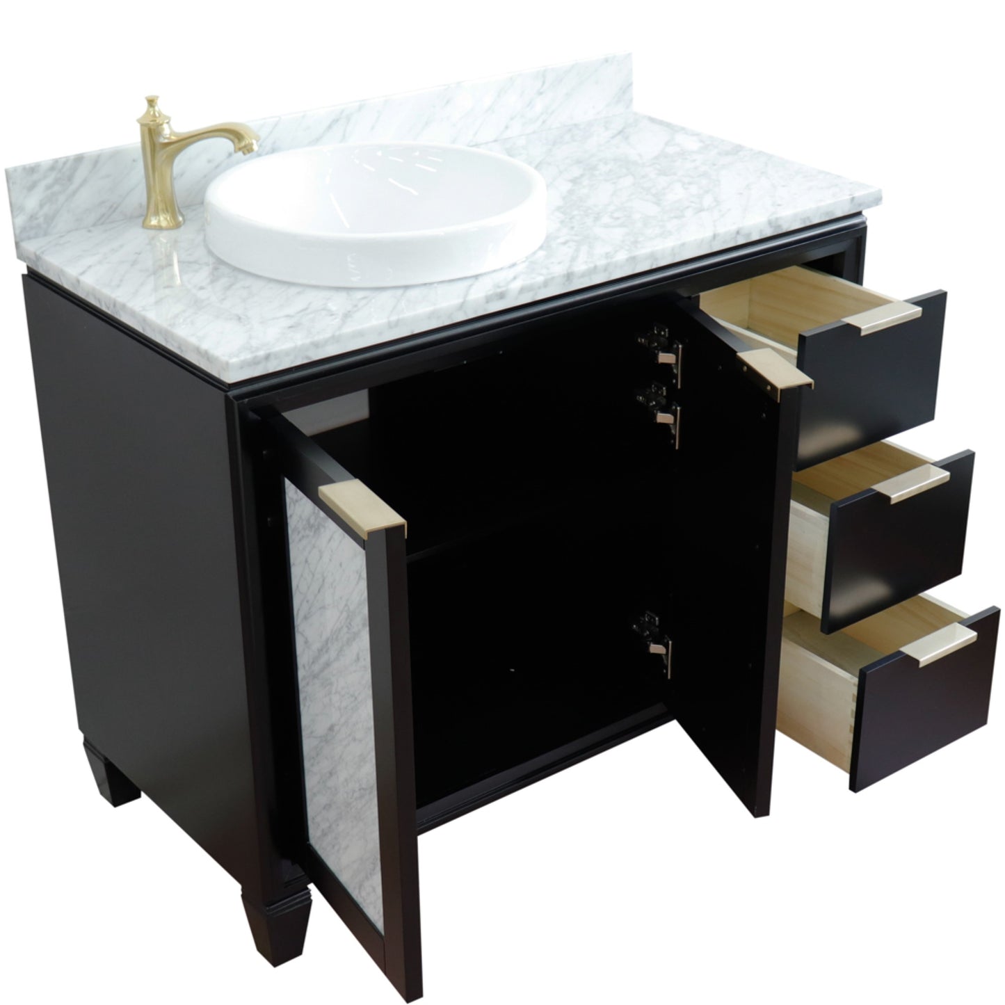 43" Single vanity in Black finish with White Carrara and round sink Left door/Left sink