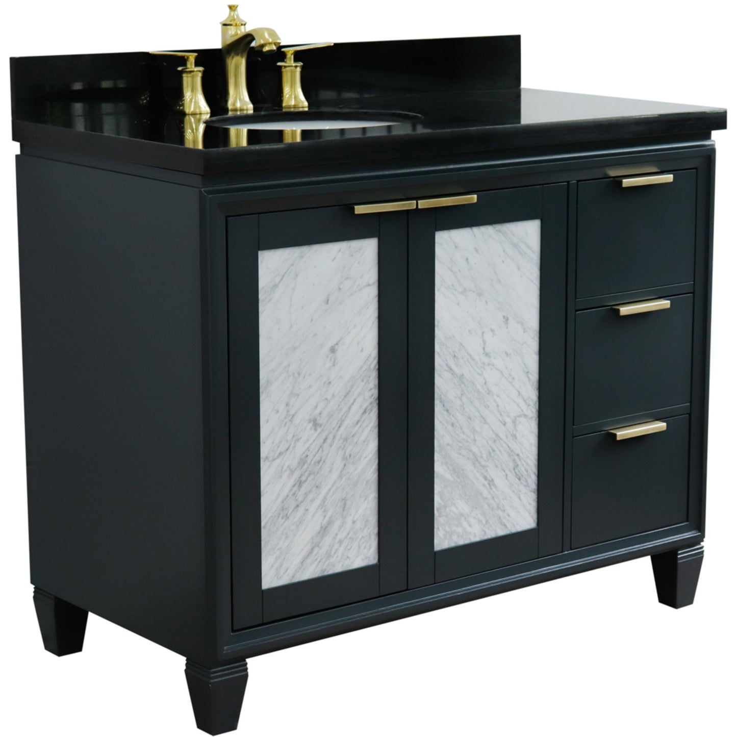 43" Single vanity in Dark Gray finish with Black galaxy and oval sink Left door/Left sink
