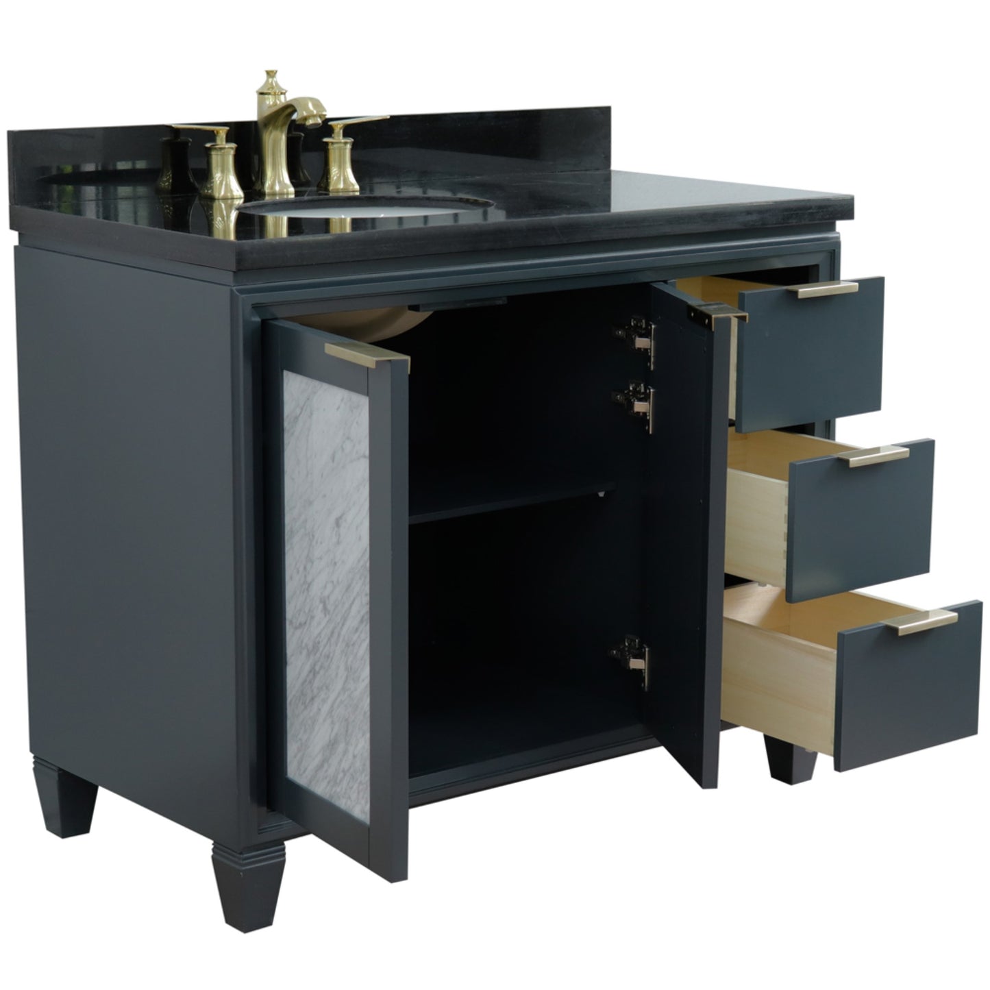 43" Single vanity in Dark Gray finish with Black galaxy and oval sink Left door/Left sink