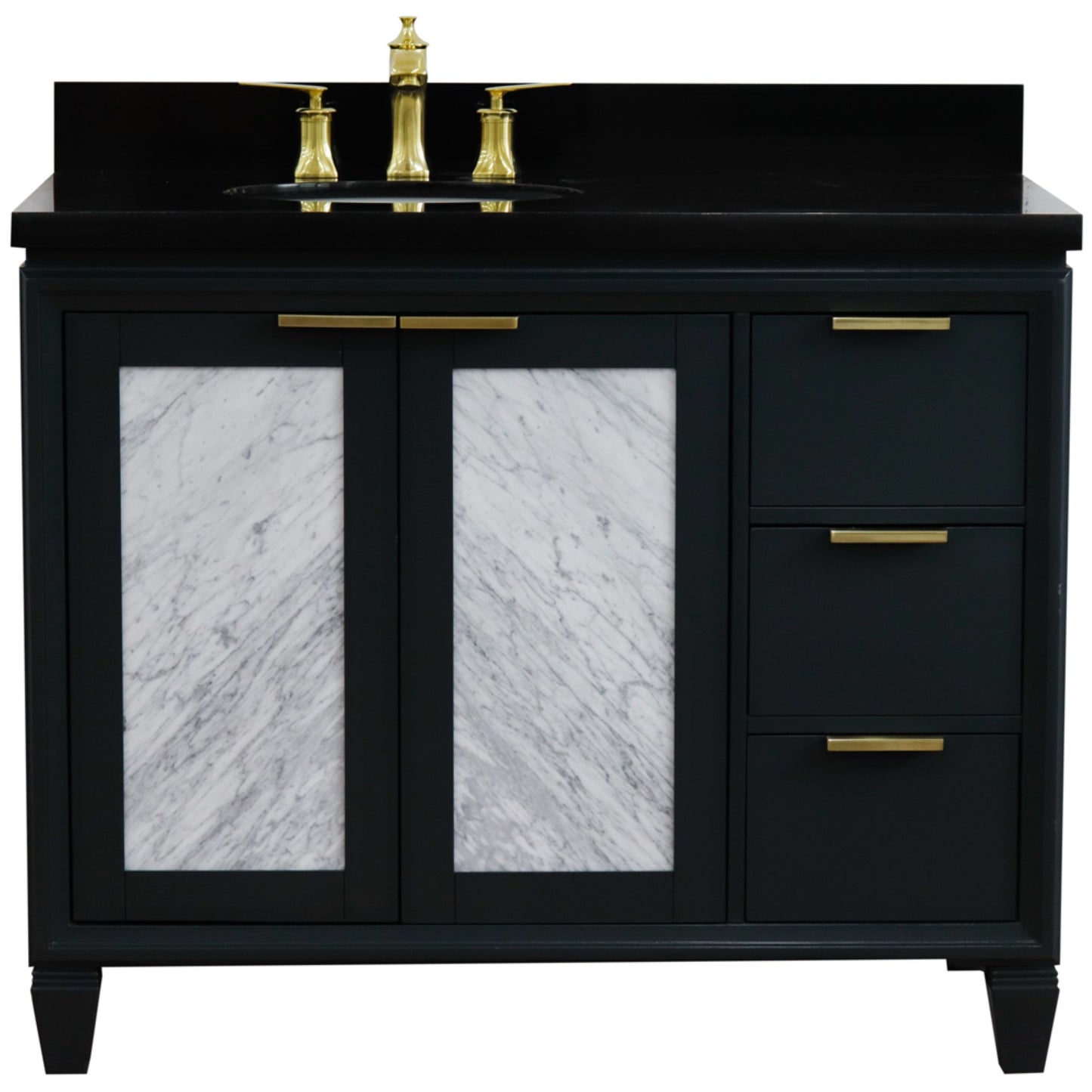 43" Single vanity in Dark Gray finish with Black galaxy and oval sink Left door/Left sink