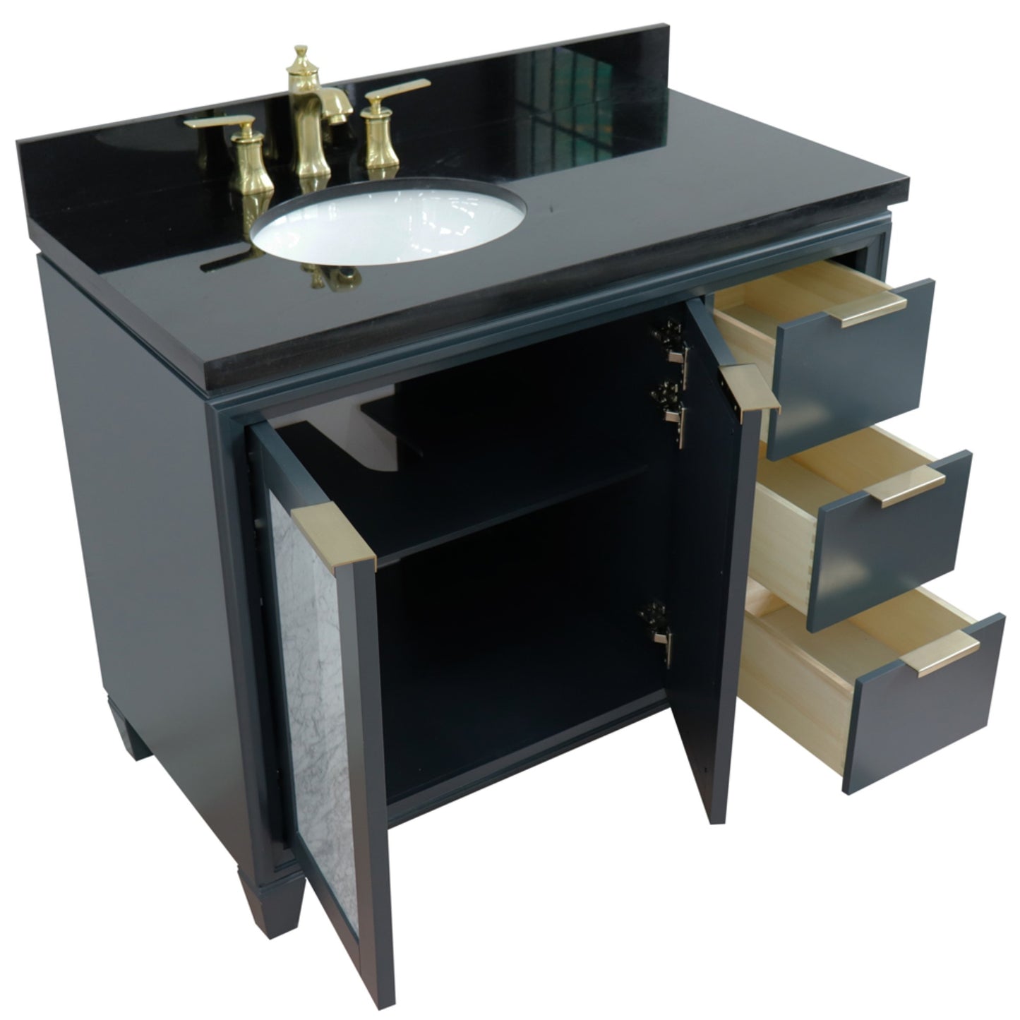 43" Single vanity in Dark Gray finish with Black galaxy and oval sink Left door/Left sink