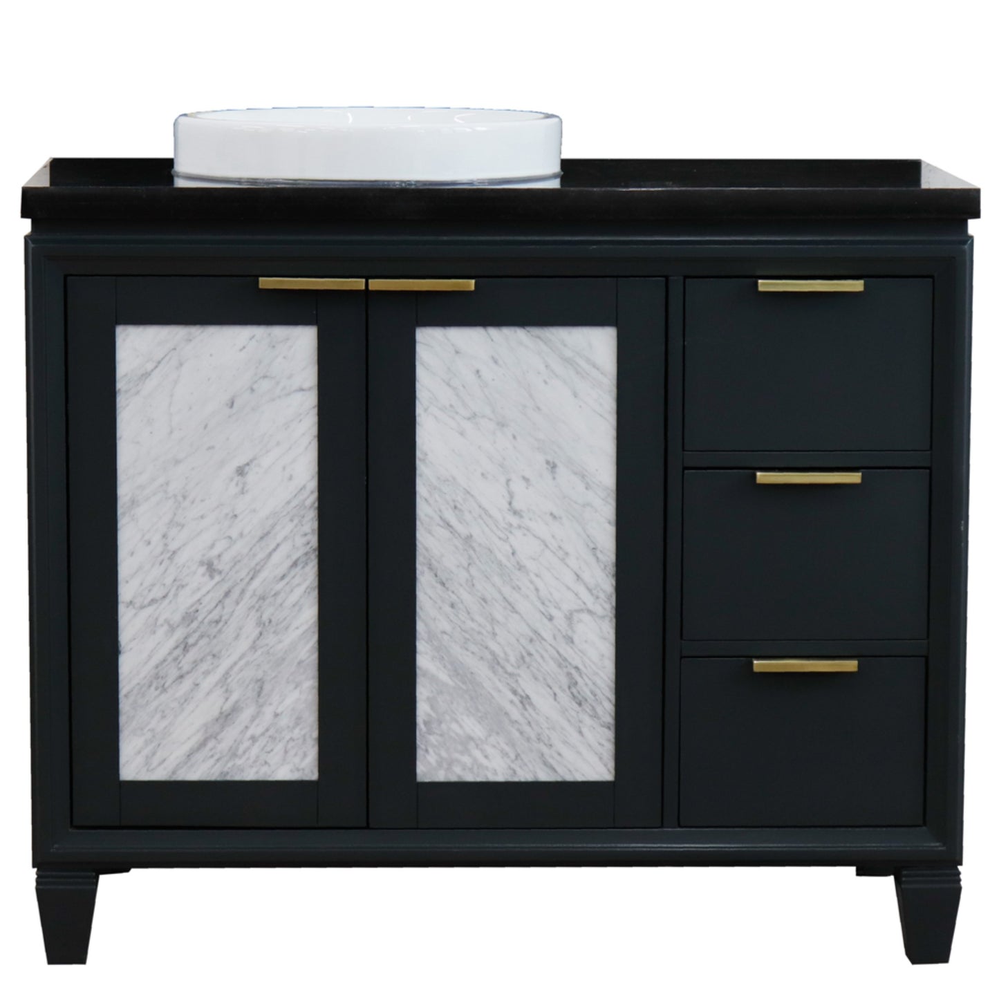 43" Single vanity in Dark Gray finish with Black galaxy and round sink Left door/Left sink