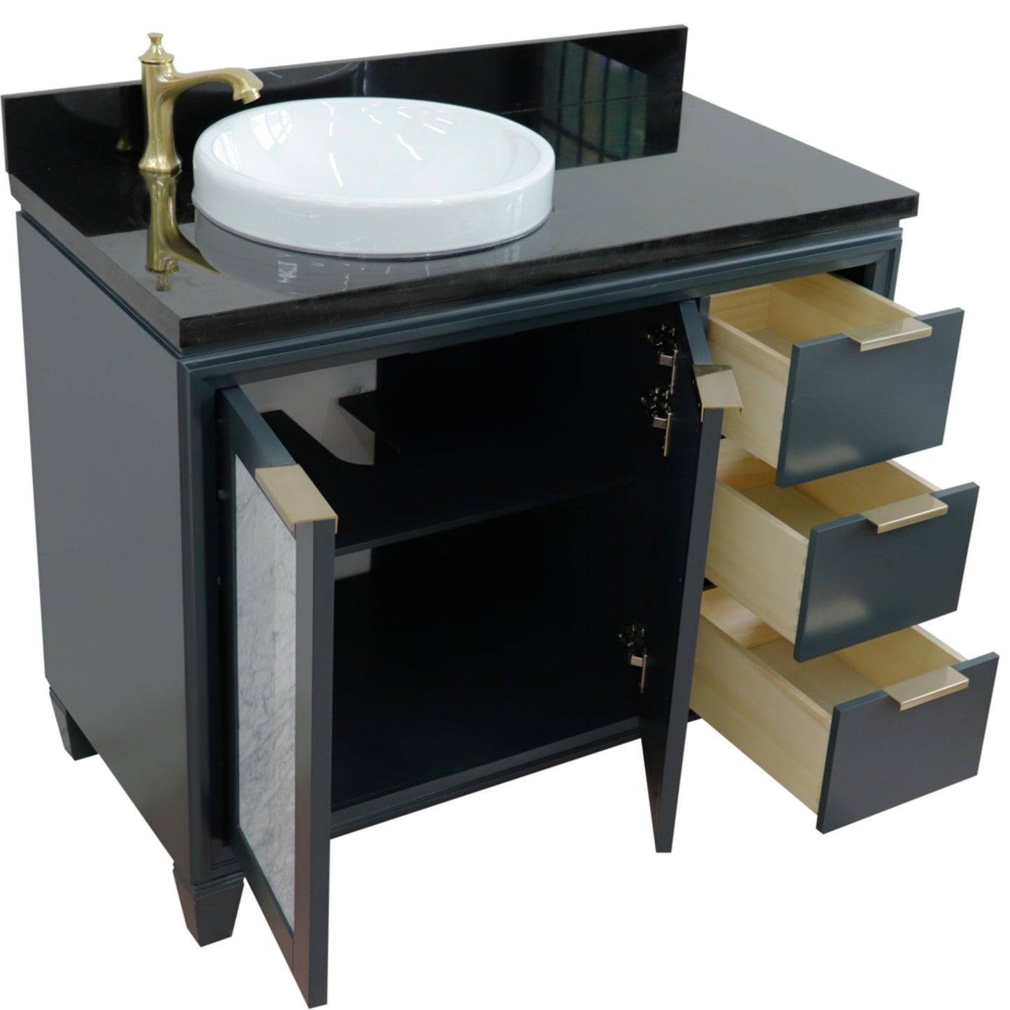 43" Single vanity in Dark Gray finish with Black galaxy and round sink Left door/Left sink