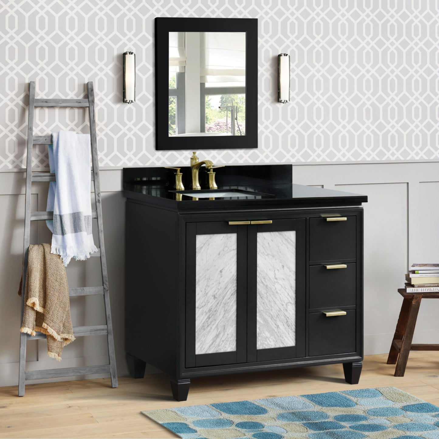 43" Single vanity in Dark Gray finish with Black galaxy and rectangle sink Left door/Left sink