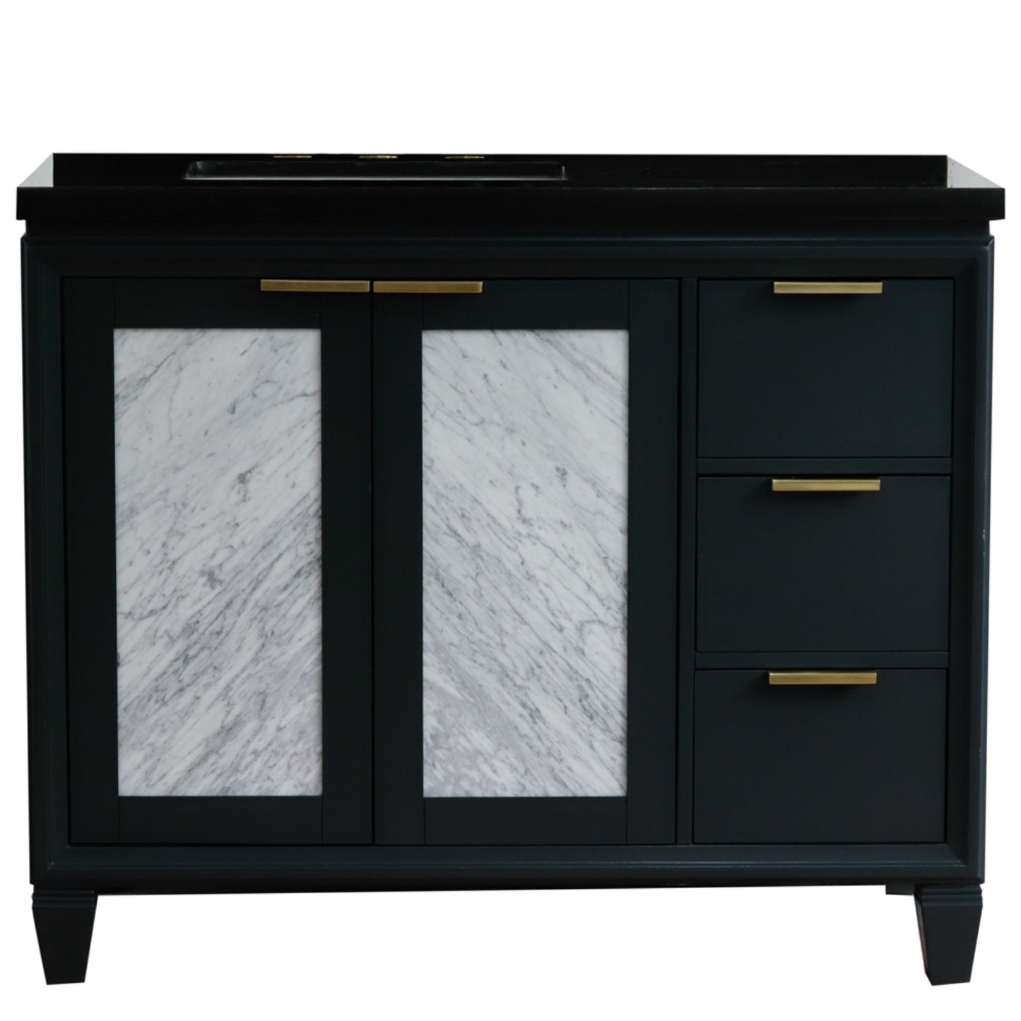 43" Single vanity in Dark Gray finish with Black galaxy and rectangle sink Left door/Left sink