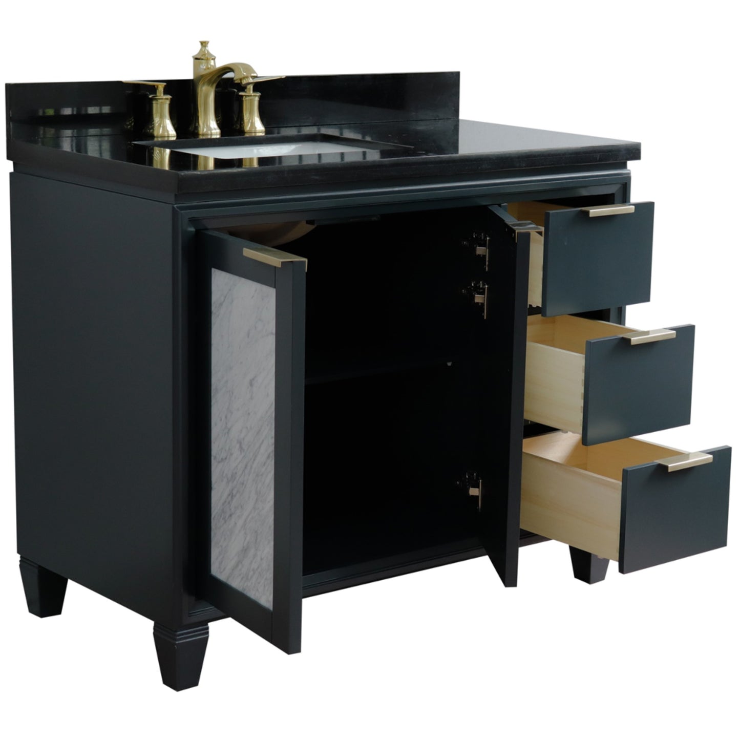 43" Single vanity in Dark Gray finish with Black galaxy and rectangle sink Left door/Left sink