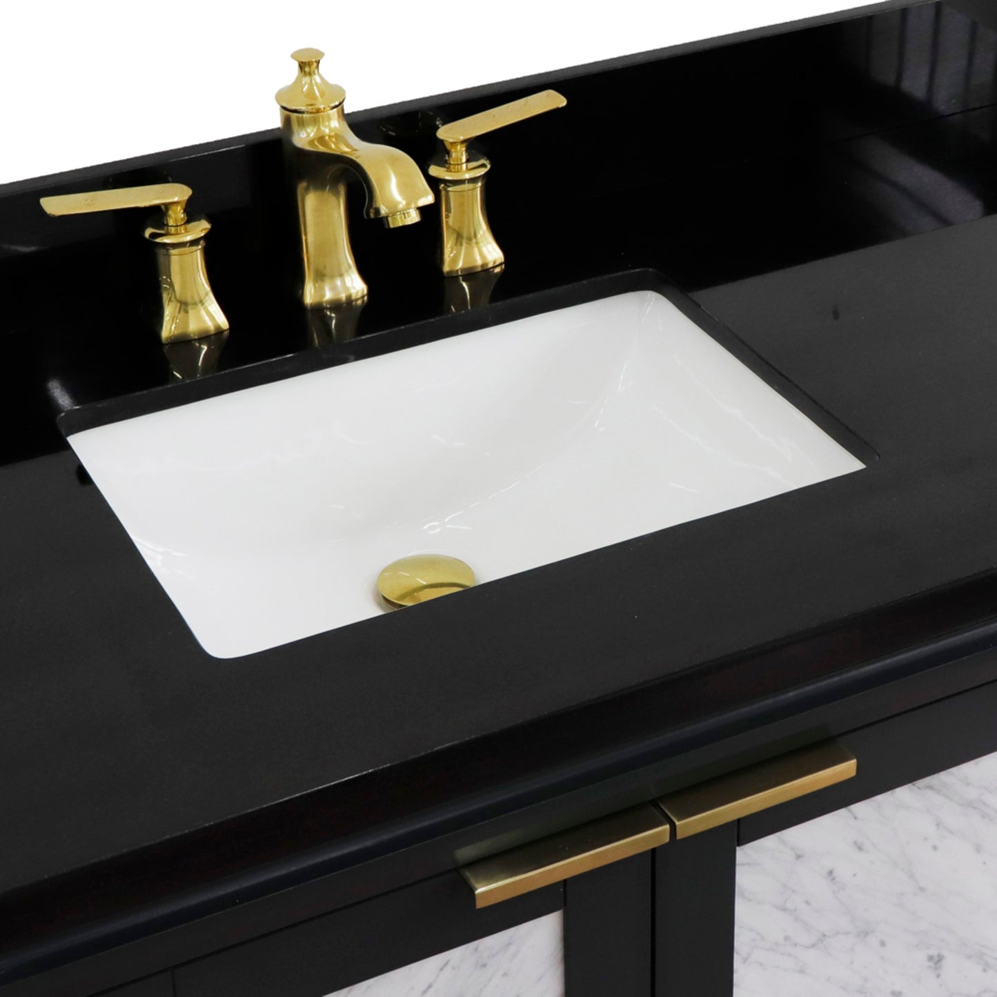43" Single vanity in Dark Gray finish with Black galaxy and rectangle sink Left door/Left sink