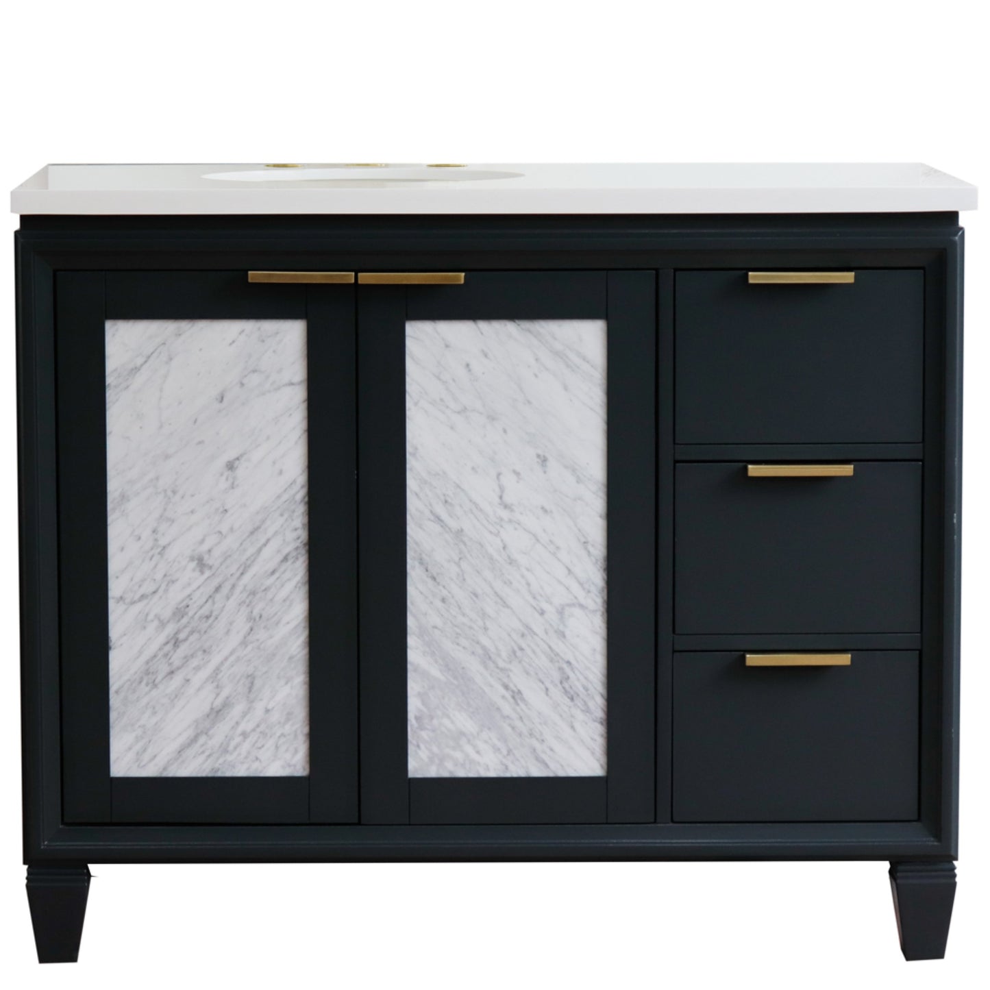 43" Single vanity in Dark Gray finish with White engineered stone and oval sink Left door/Left sink