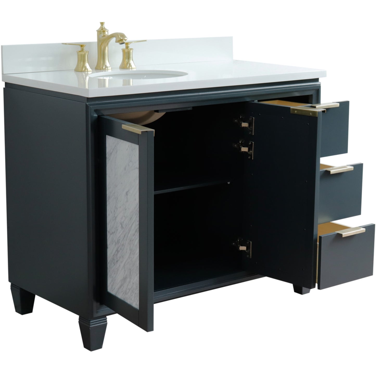 43" Single vanity in Dark Gray finish with White engineered stone and oval sink Left door/Left sink
